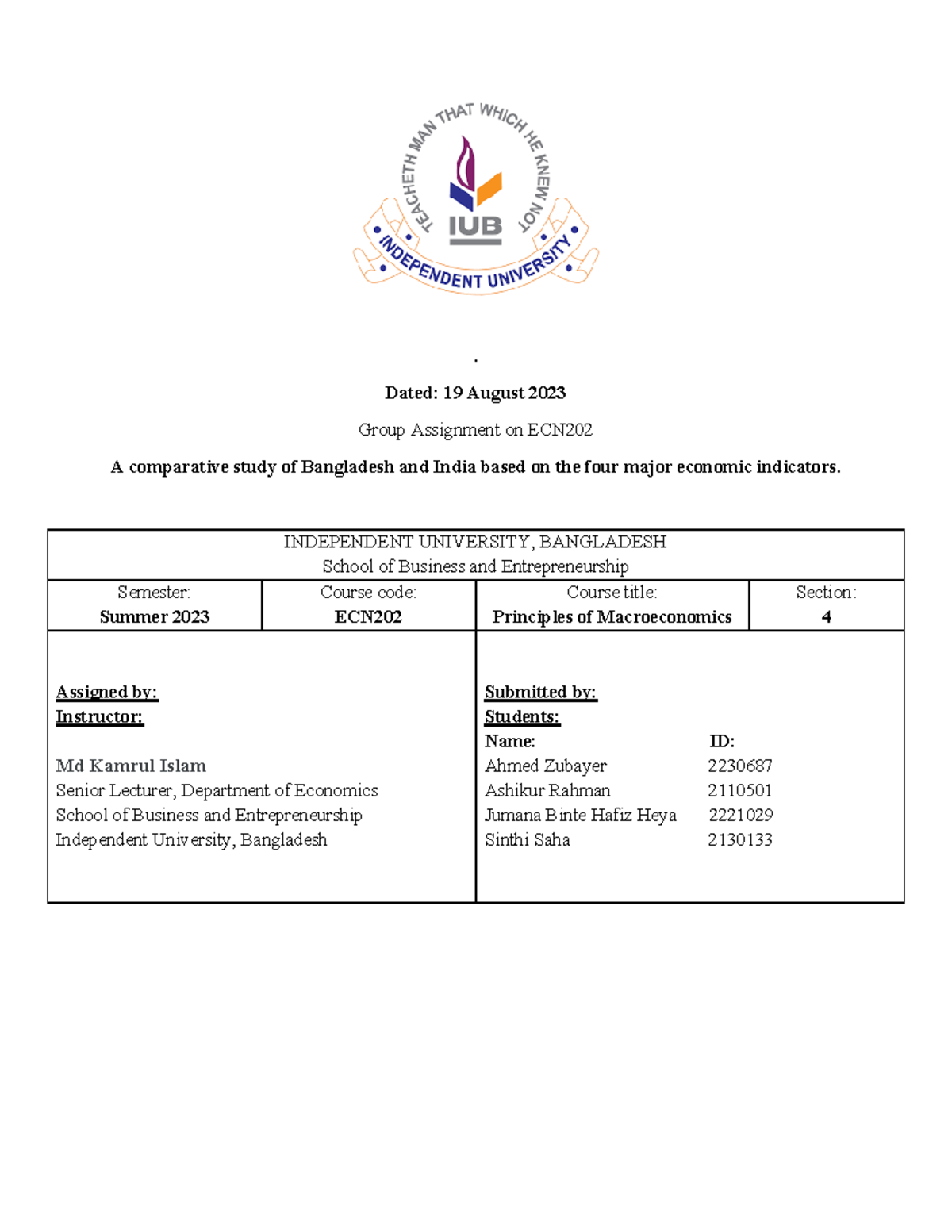 ECN 202 Group Assignment Section 4 - . Dated: 19 August 2023 Group ...