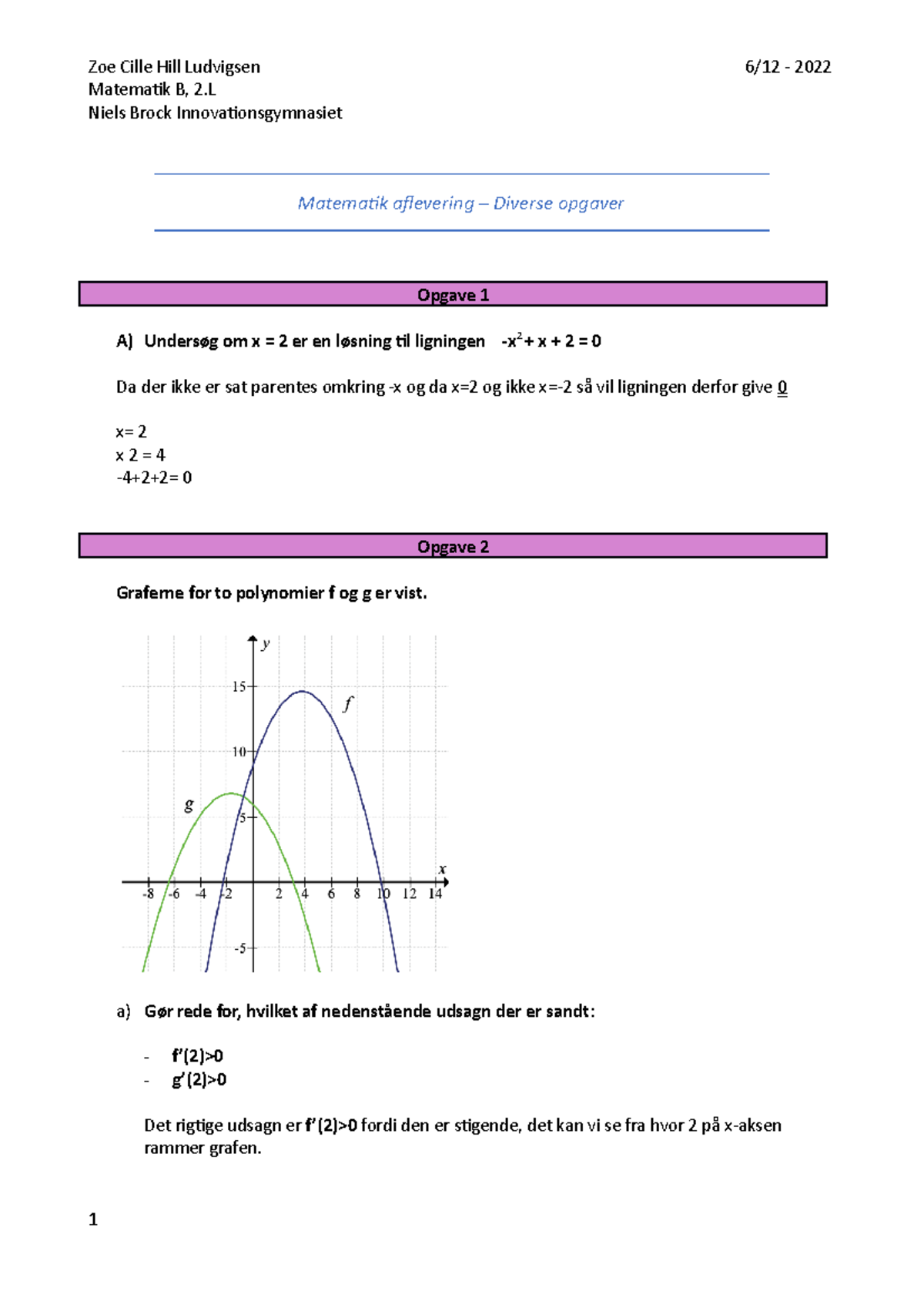 Matematik Aflevering - Diverse Opgaver - Matematik B, 2 Niels Brock ...