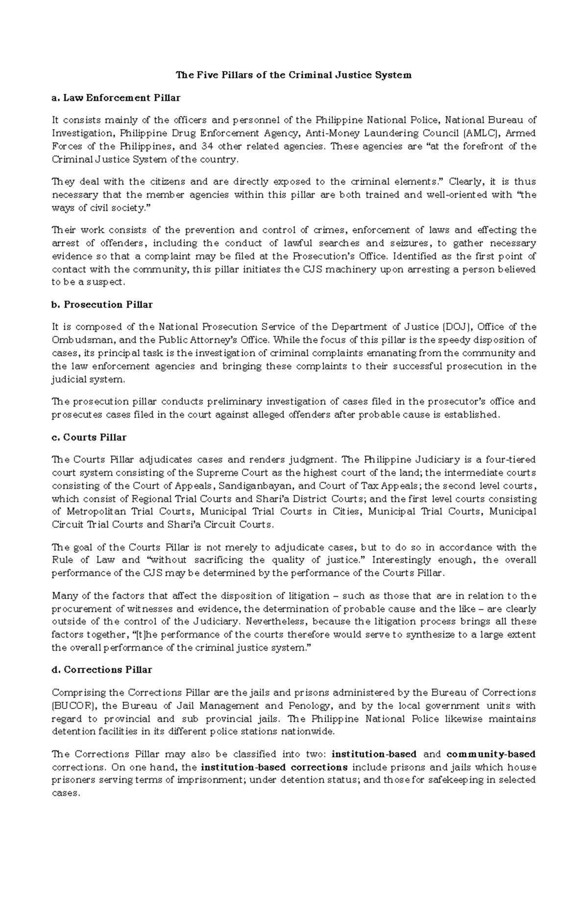 The Five Pillars of the Criminal Justice System Law Enforcement