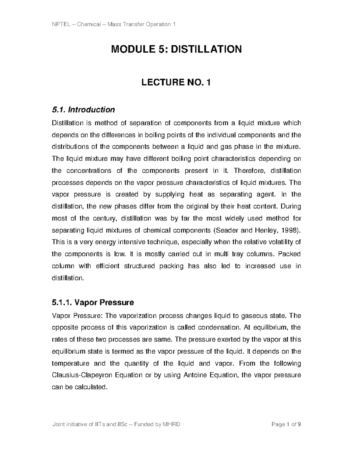 Distillation Notes - FHMH,J, - MODULE 5: DISTILLATION LECTURE NO. 1 5 ...