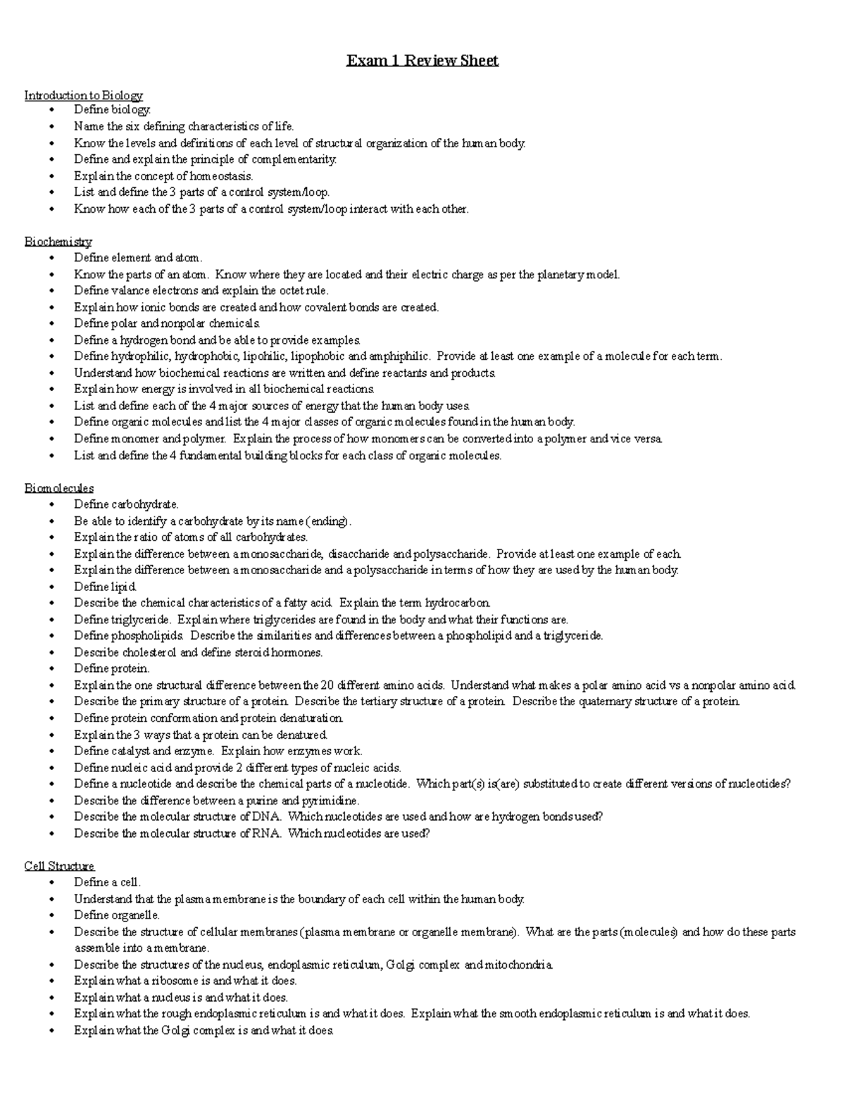 BIO 105 Exam 1 Review Sheets - Exam 1 Review Sheet Introduction to ...