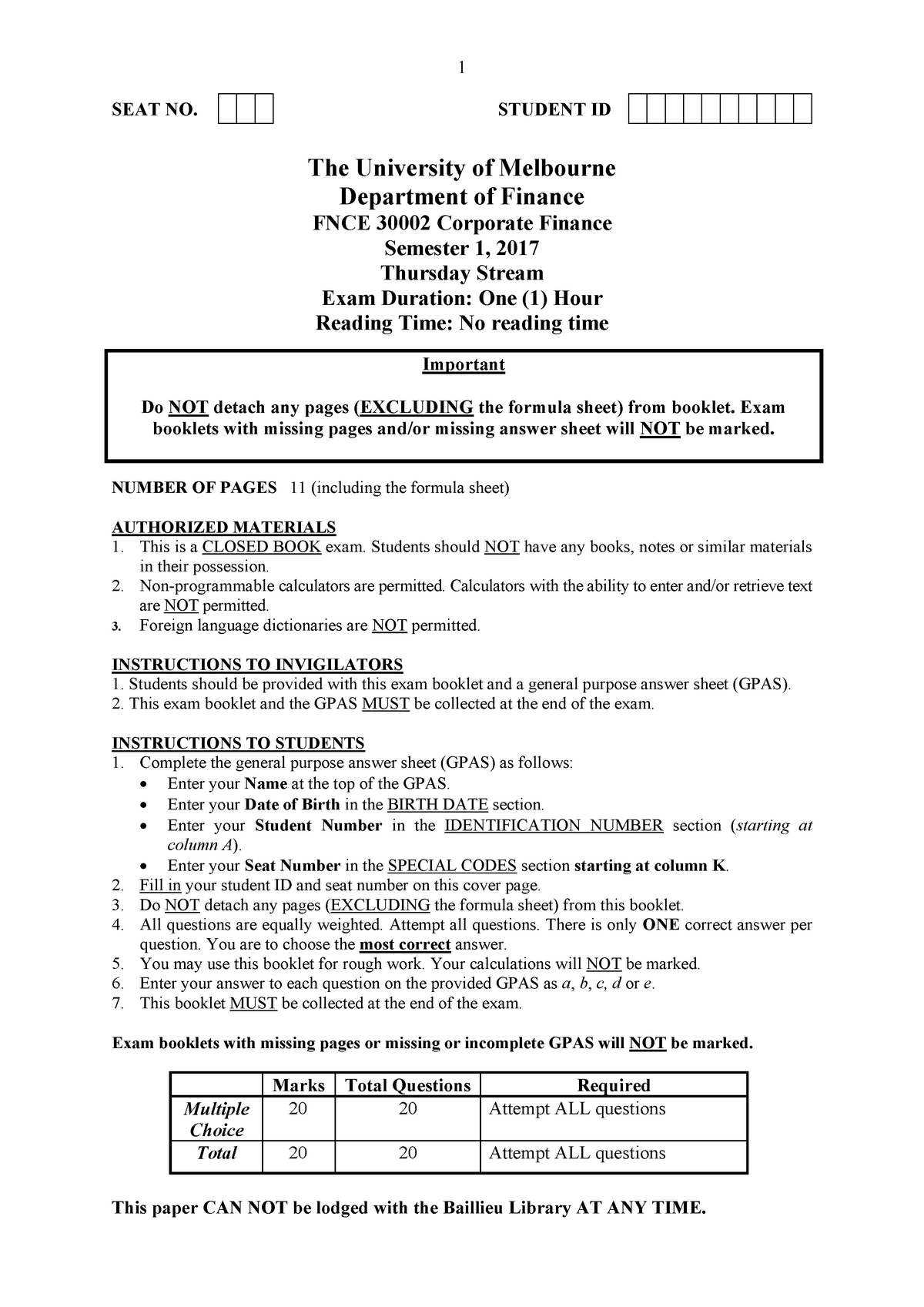 Exam 2017, questions and answers - 1 SEAT NO. STUDENT ID The University ...