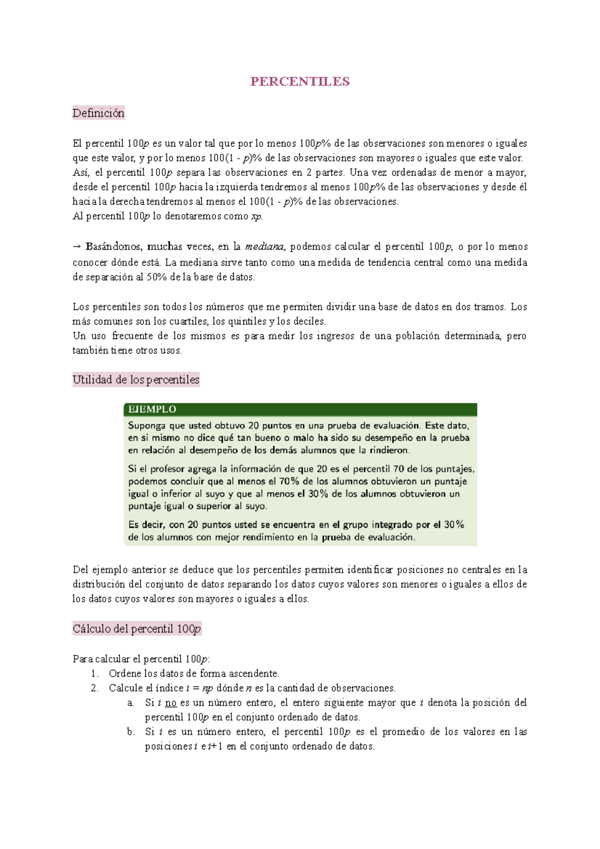 Tema 3 Medidas de separación - PERCENTILES Definición El percentil 100p ...