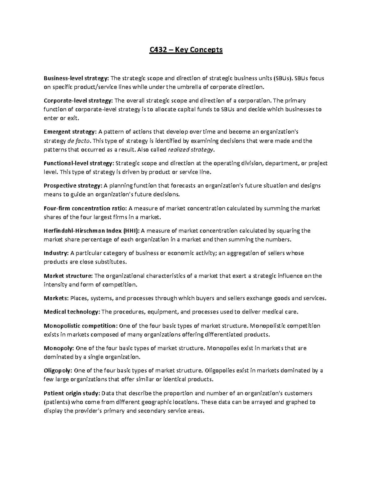 C432 Key Concepts Notes C432 Key Concepts Business Level Strategy
