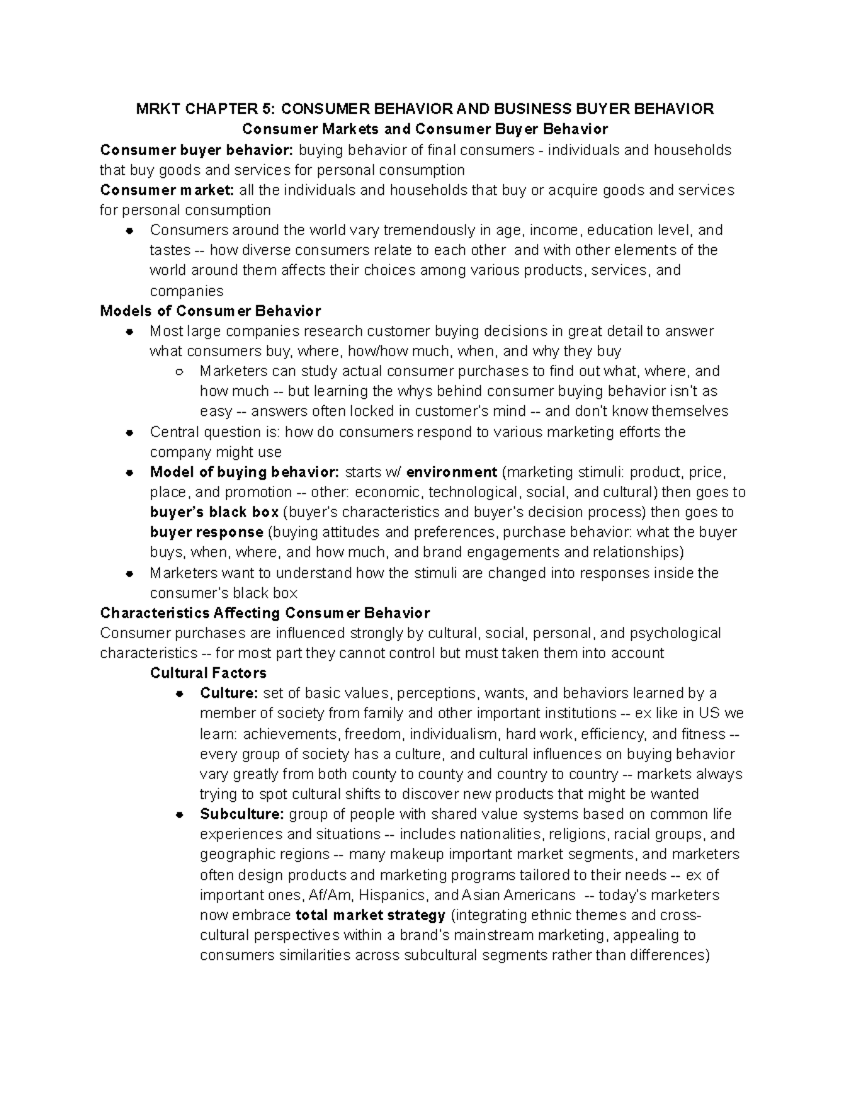 MRKT 341 Chapter 5 Notes - MRKT CHAPTER 5: CONSUMER BEHAVIOR AND ...