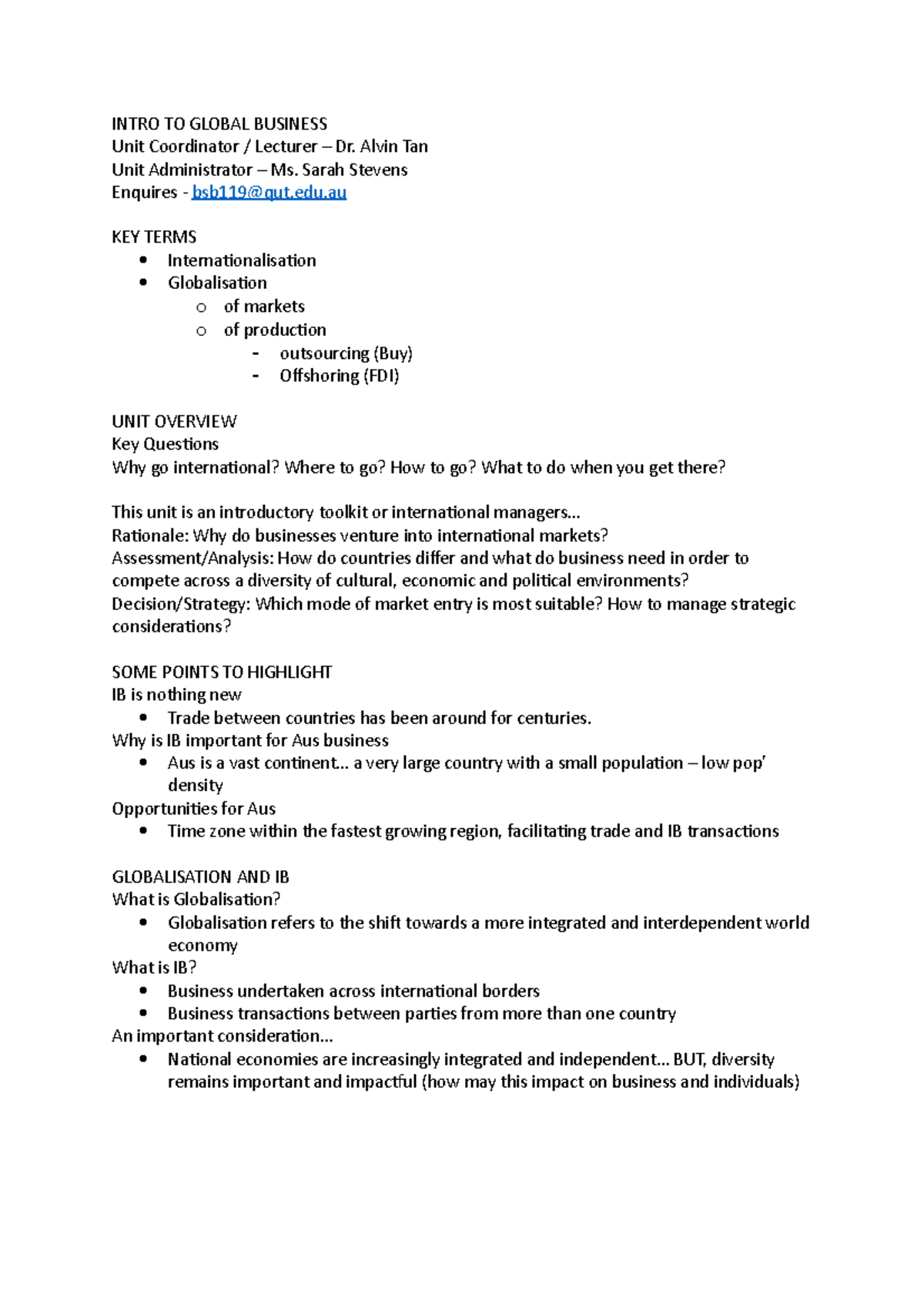 LEC 1 - Lecture notes 1 - INTRO TO GLOBAL BUSINESS Unit Coordinator ...