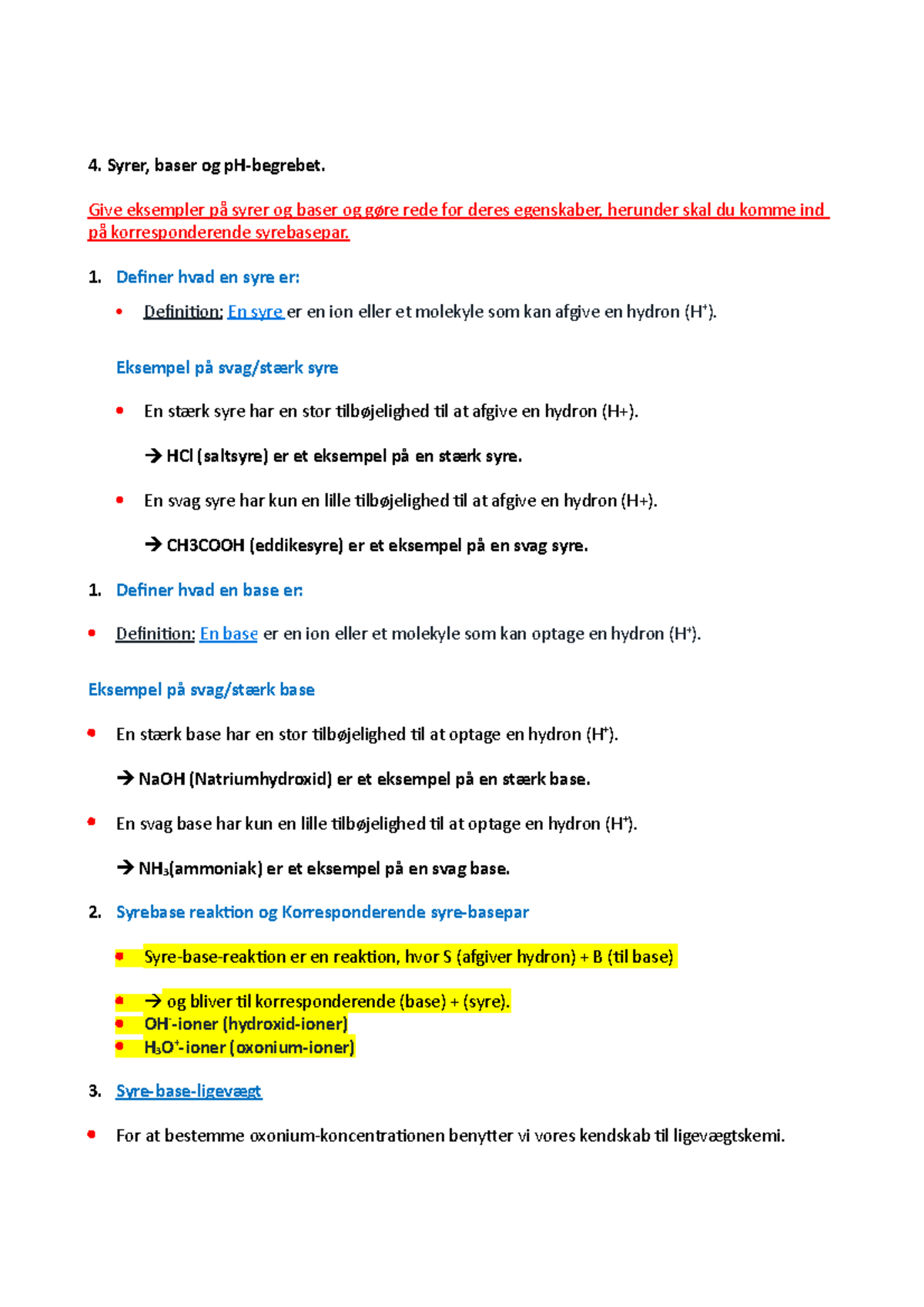 4 - Kemi B - Syrer, Baser Og PH-begrebet. Give Eksempler På Syrer Og ...