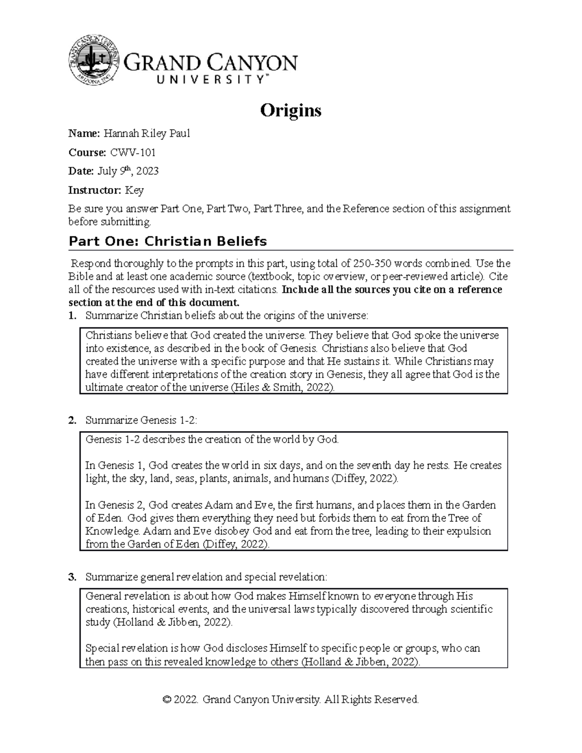 CWV Origins Worksheet Origins Name: Hannah Riley Paul Course: CWV