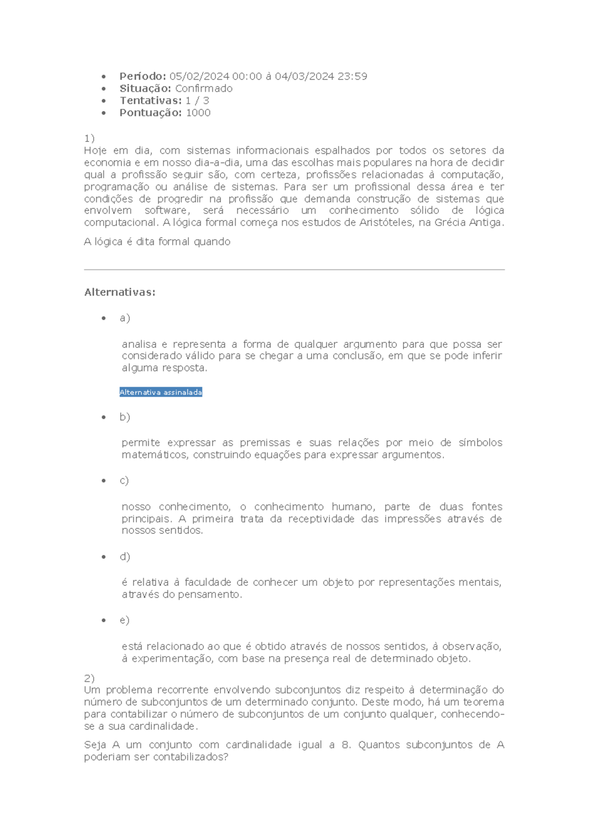 Av1 - Lógica e Matemática Computacional - Período: 05/02/2024 00:00 à ...