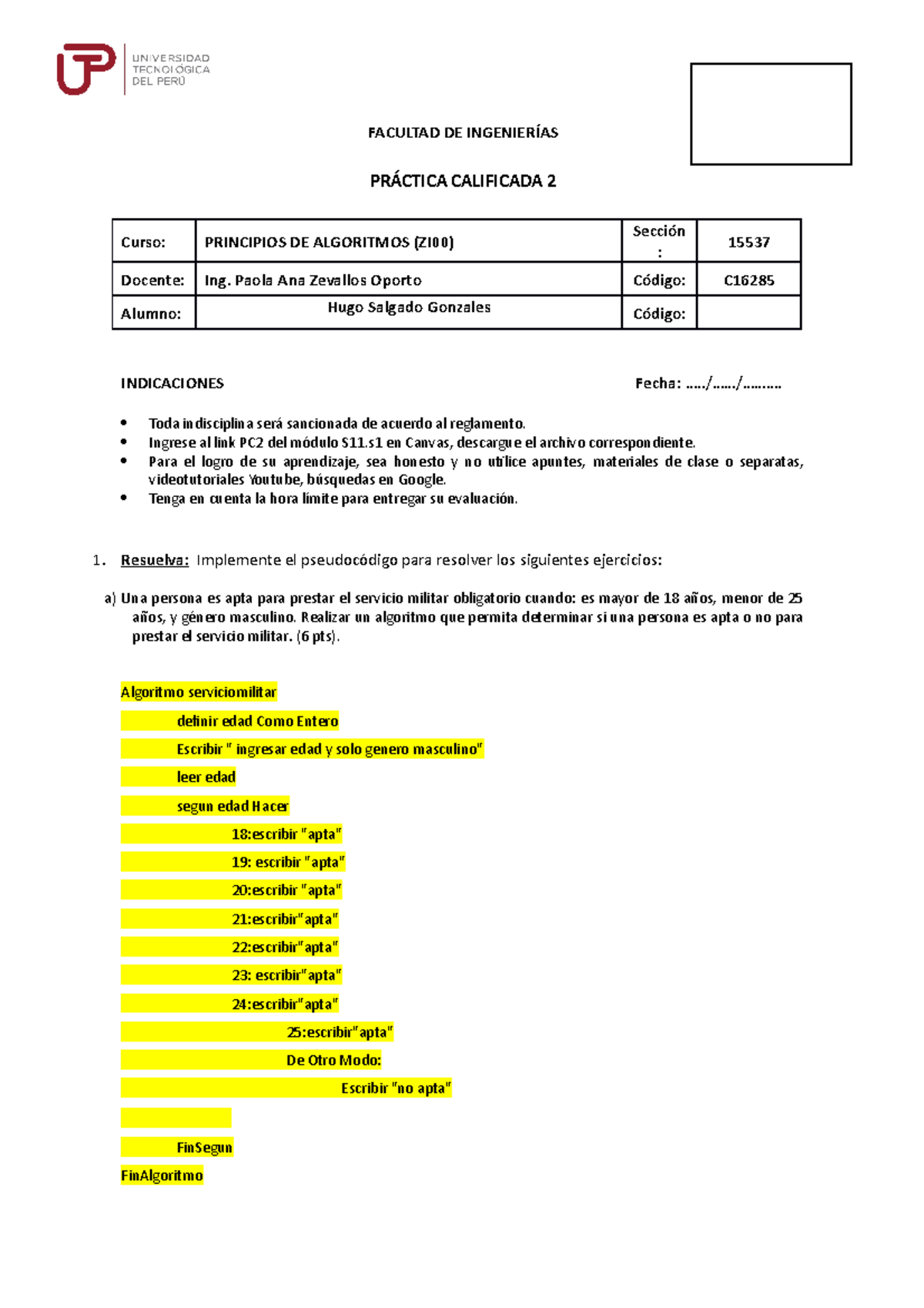 2020 PC2 B-1 Practica Calificada 2 - FACULTAD DE INGENIERÍAS PRÁCTICA ...