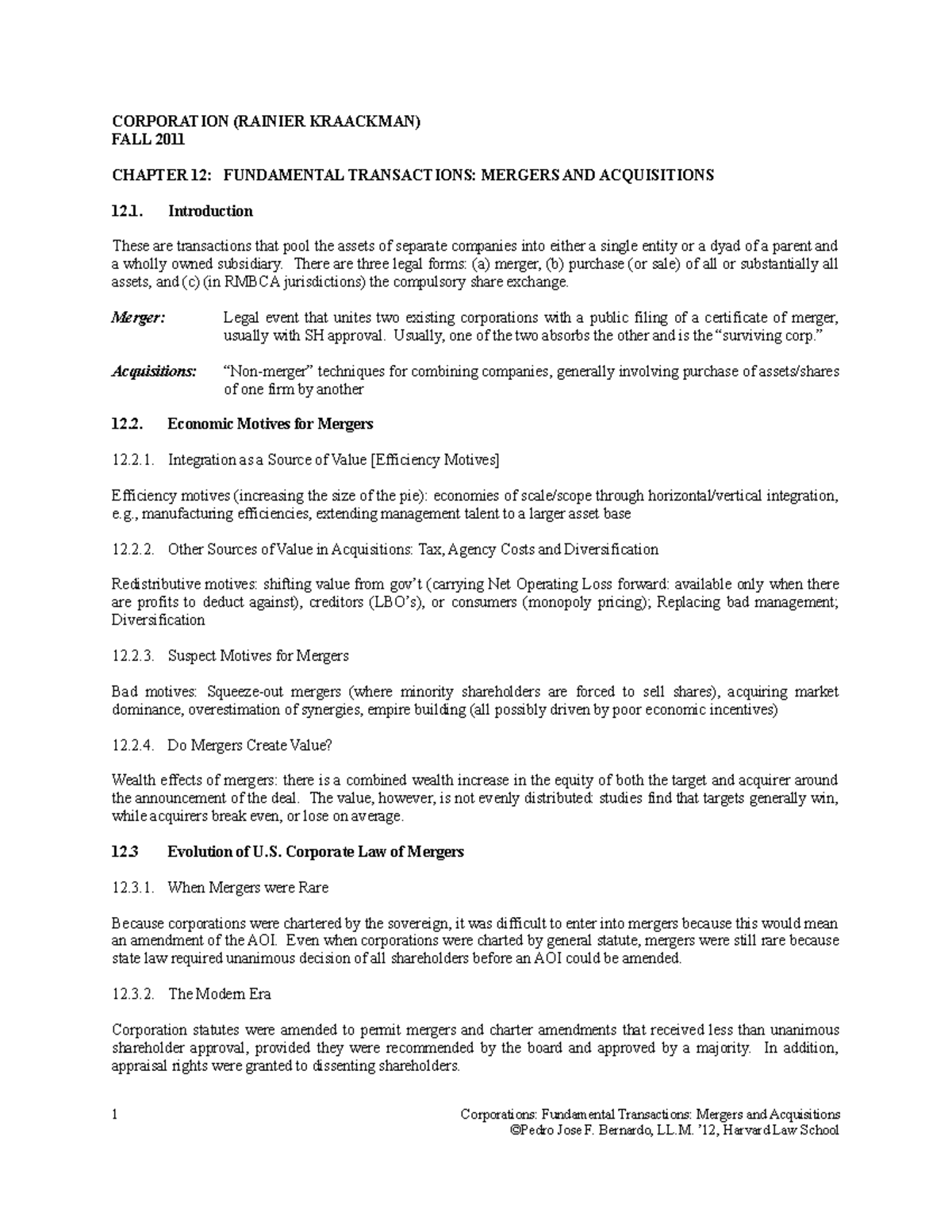 Corporation Law lecture notes with Prof. Kraakman - CORPORATION ...