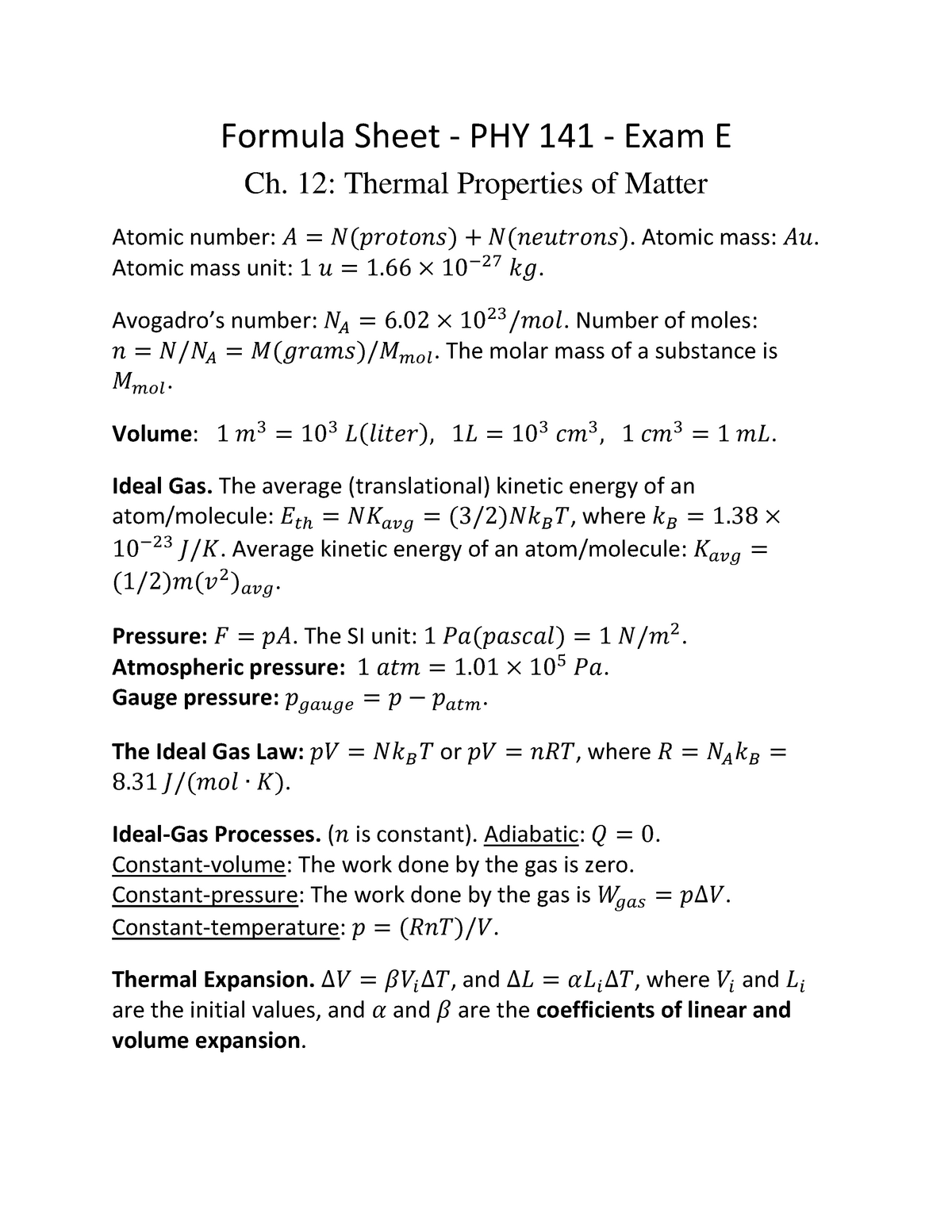 Formulas For All Units Phy 141 Studocu