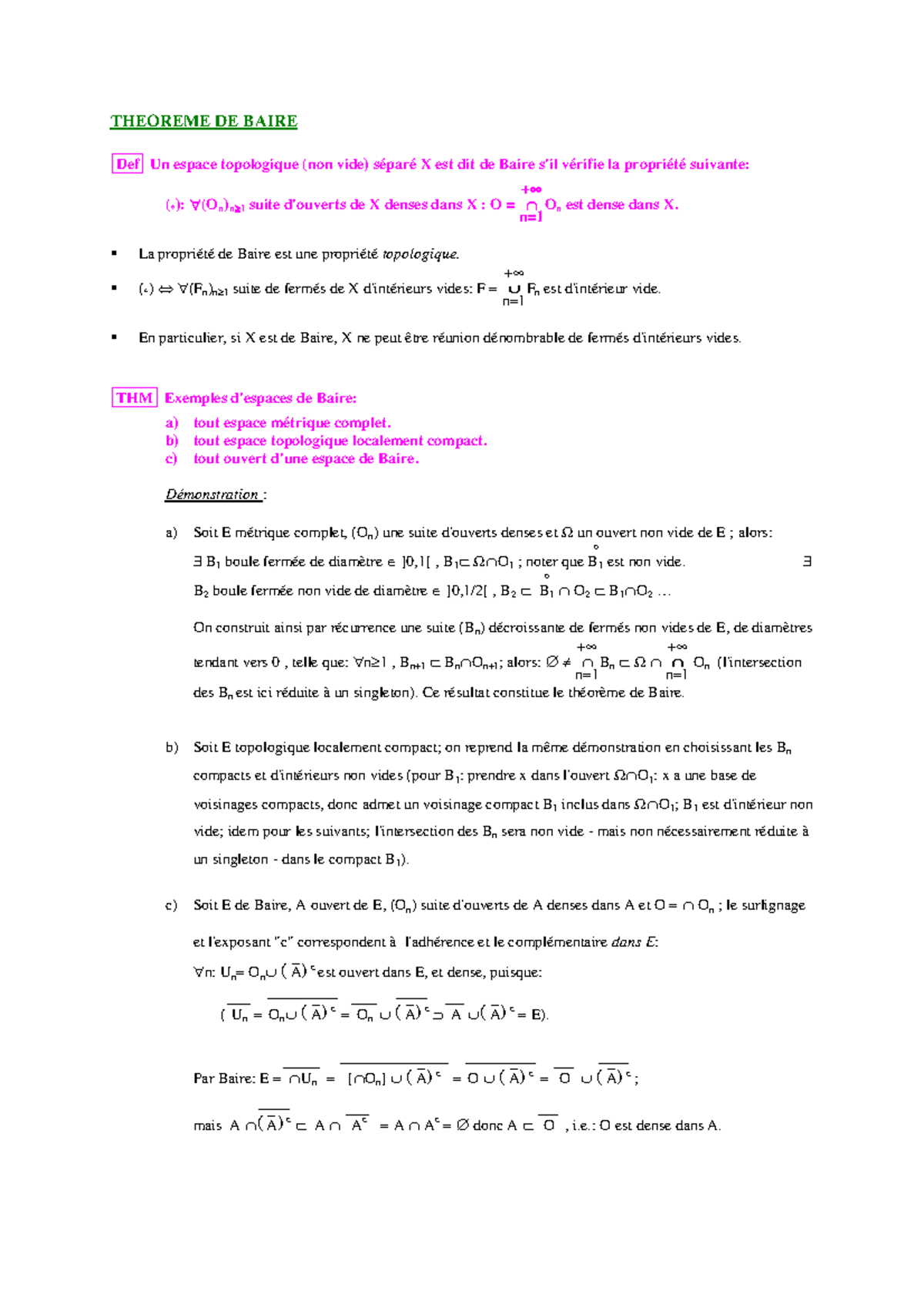 Agrégation Théorème de Baire THEOREME DE BAIRE Def Un espace