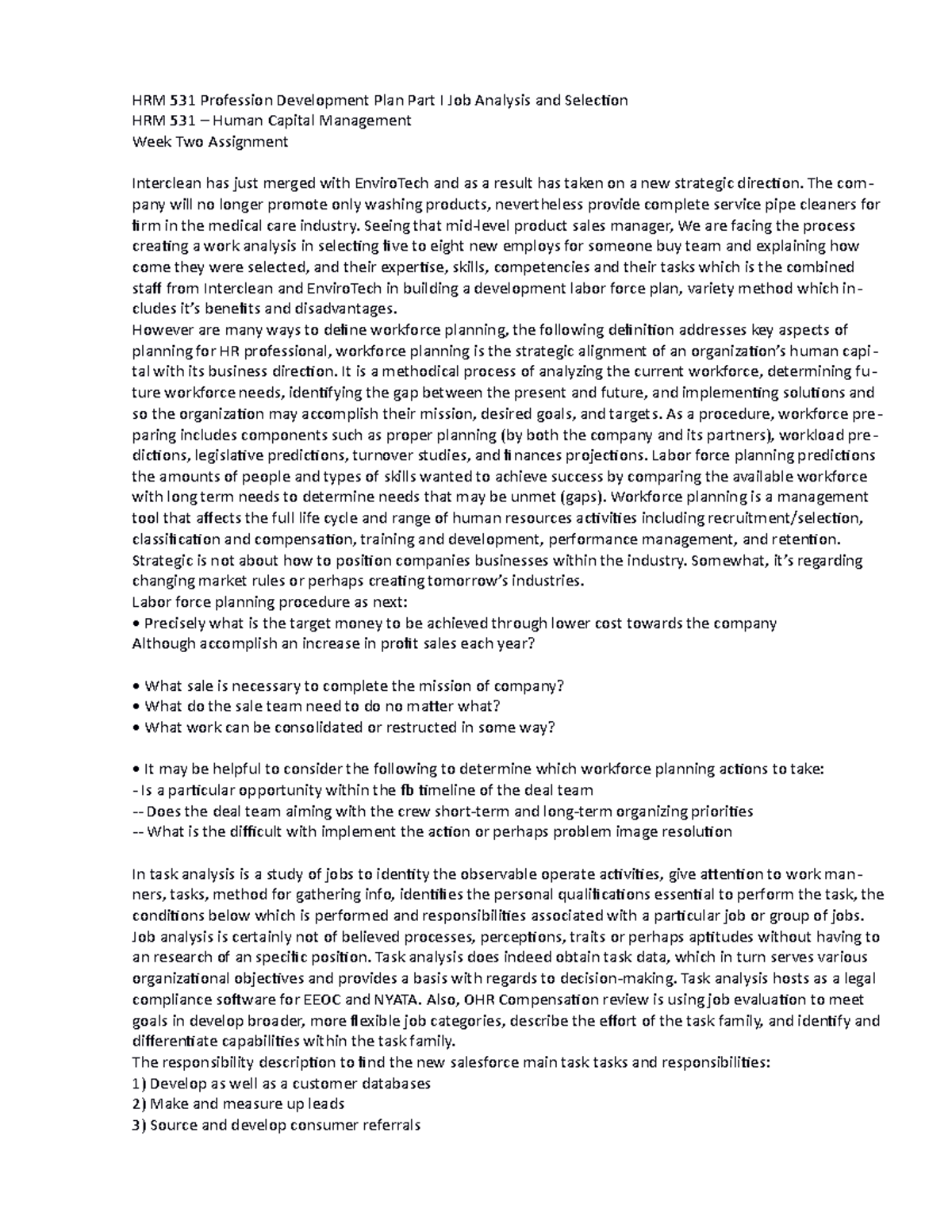 HRM 531 Career Development Plan Part I Job Analysis and Selection 1