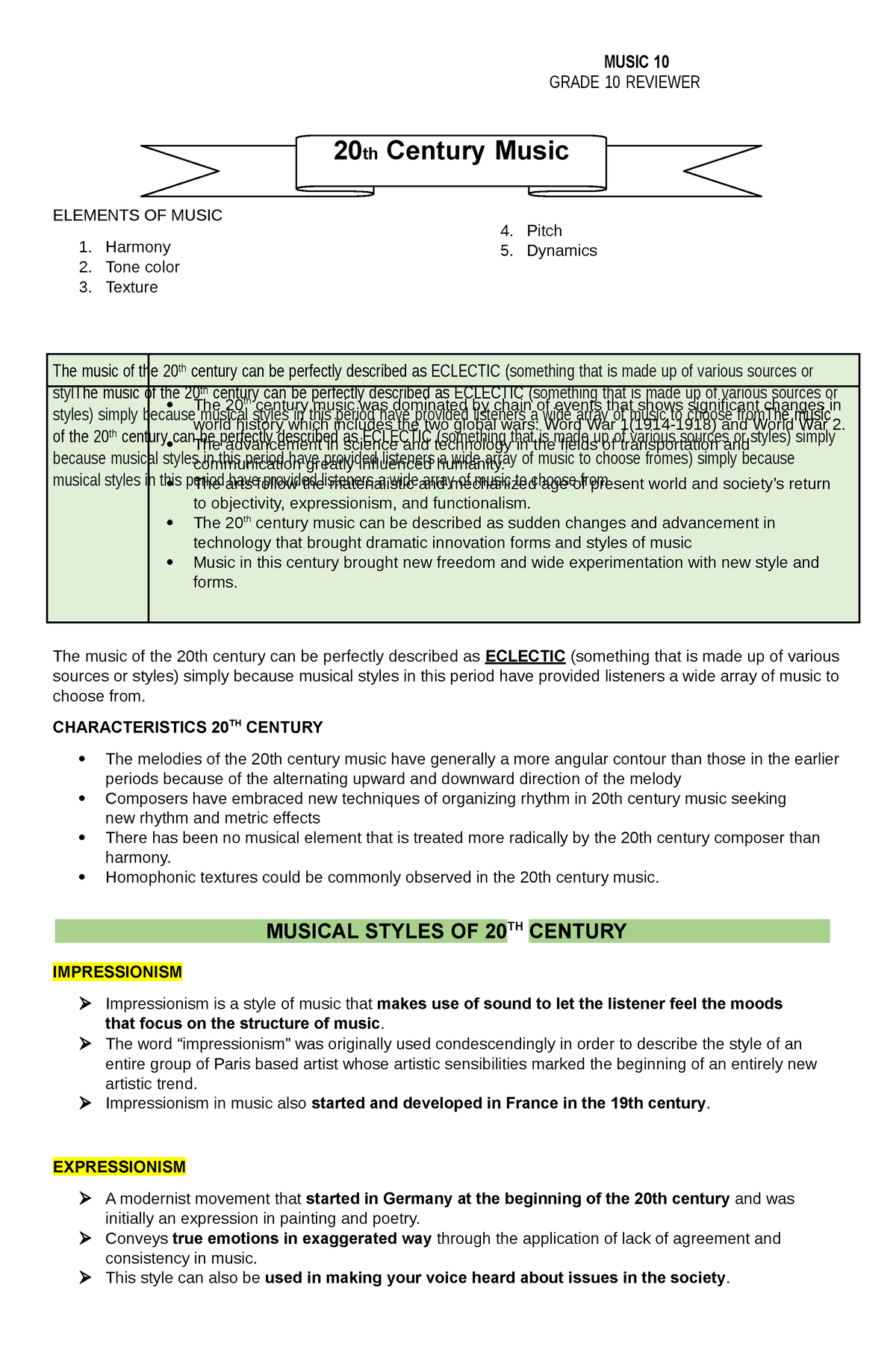 Characteristics Of 20th Century Music And Beyond