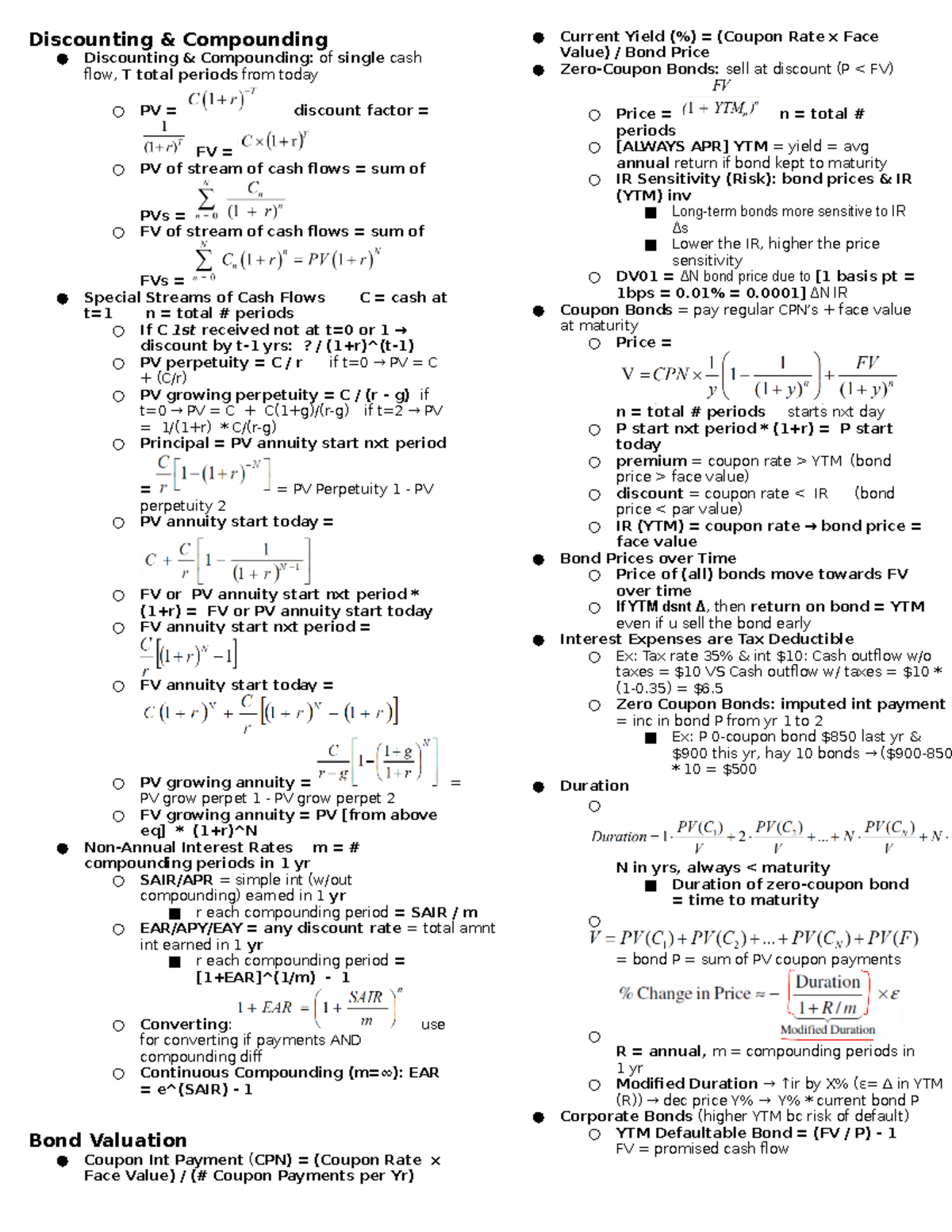 Exam 1 Cheat Sheet copy - Discounting & Compounding Discounting ...