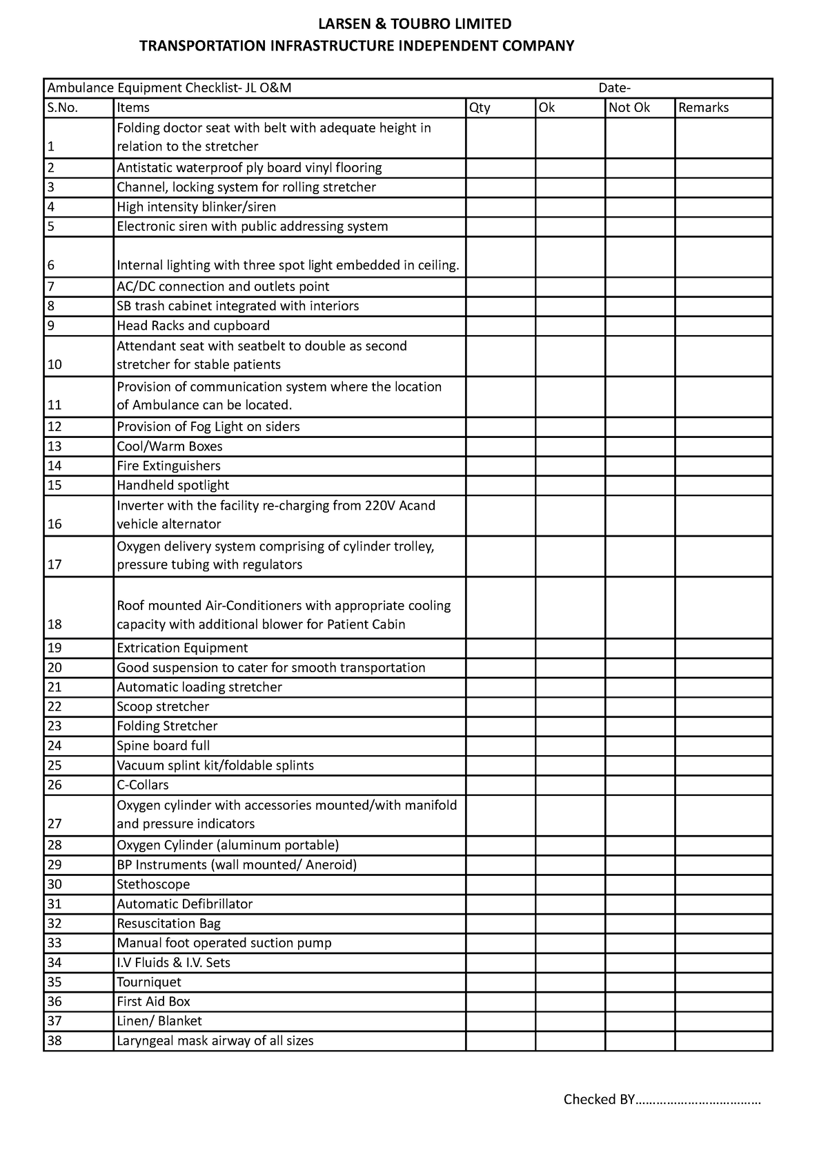 Ambulance Checklist PDF PKG2 - LARSEN & TOUBRO LIMITED TRANSPORTATION ...