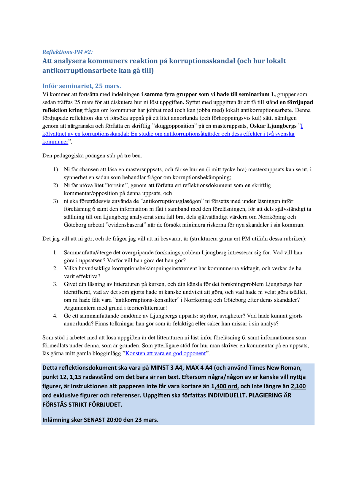 Instruktioner PM 2 - Reflektions-PM #2: Att Analysera Kommuners ...