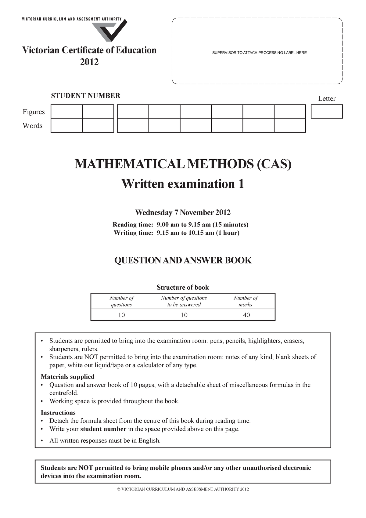 Mmcas 2012 VCAA Exam1 - engklisg - Figures Words STUDENT NUMBER Letter ...