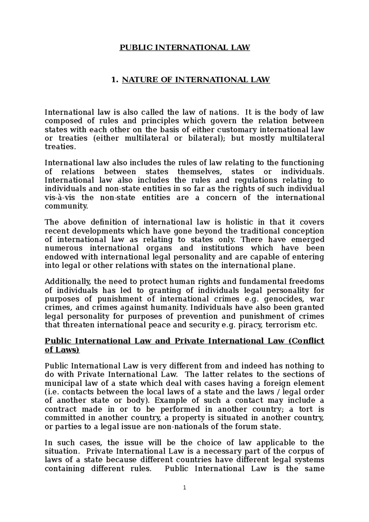 UON PIL Notes - 2013 - PUBLIC INTERNATIONAL LAW 1. NATURE OF ...
