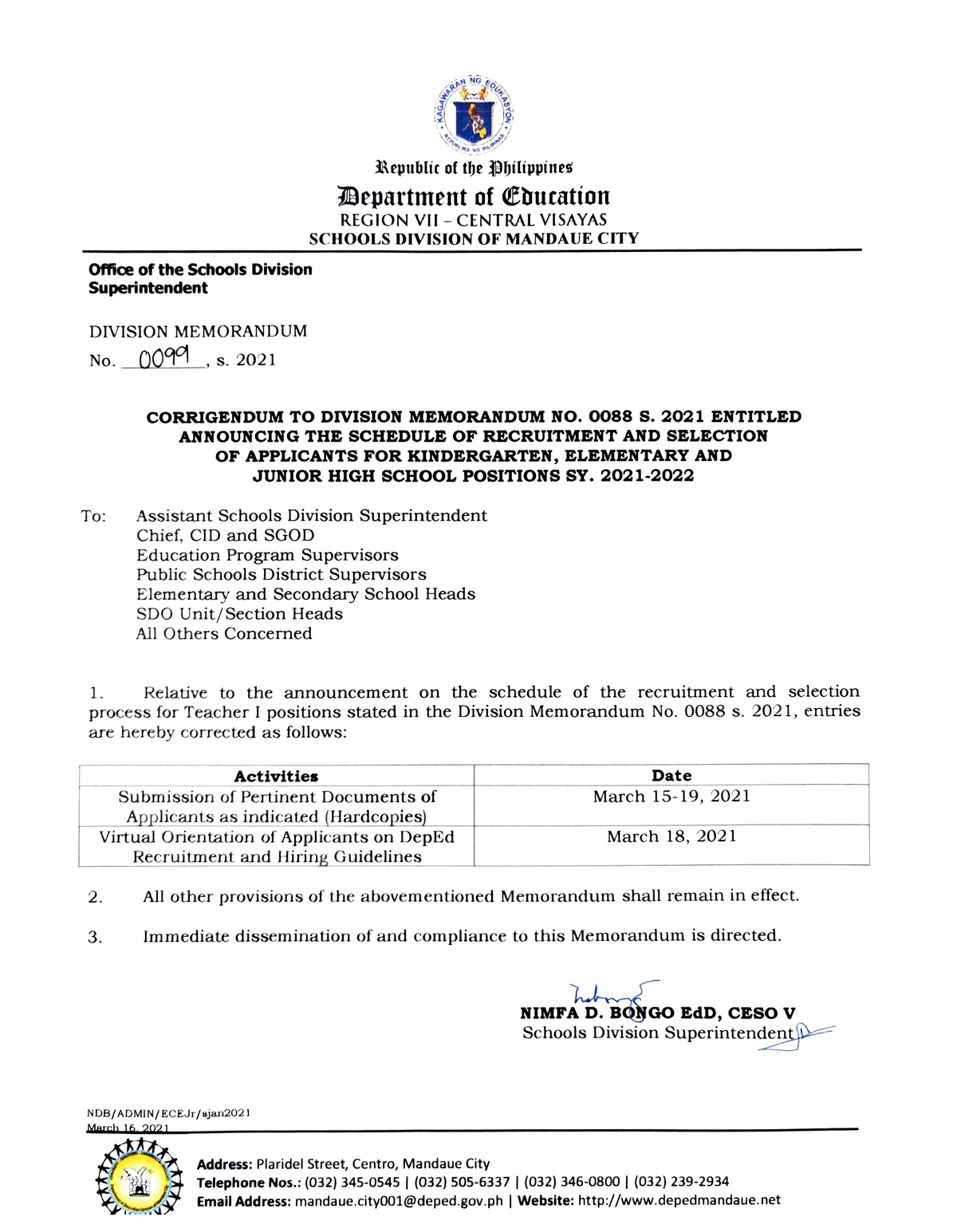 DM 099 S 2021 - Corrigendum to Division Memo #0088s.2021 Entitled ...