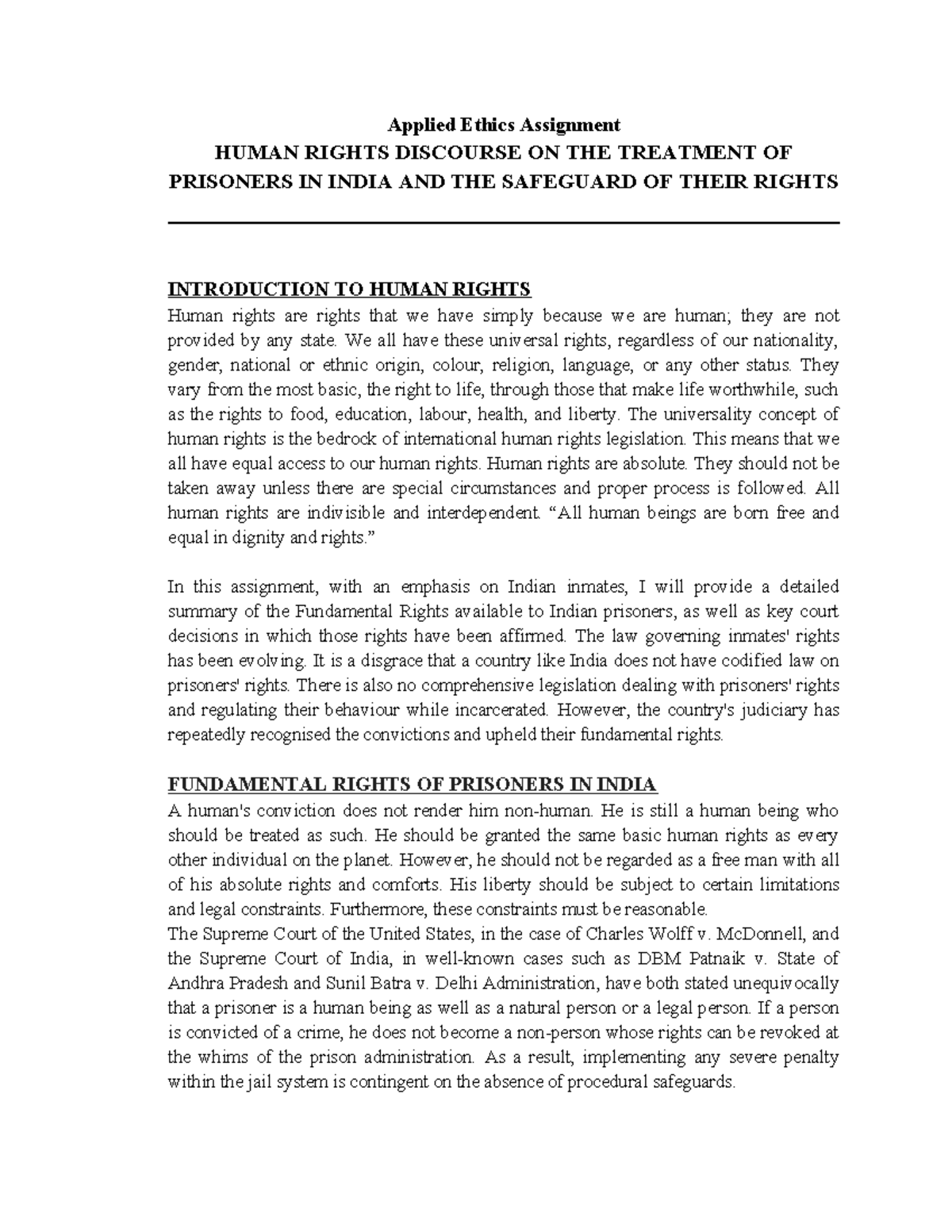 Applied Ethics Assignment - Applied Ethics Assignment HUMAN RIGHTS ...