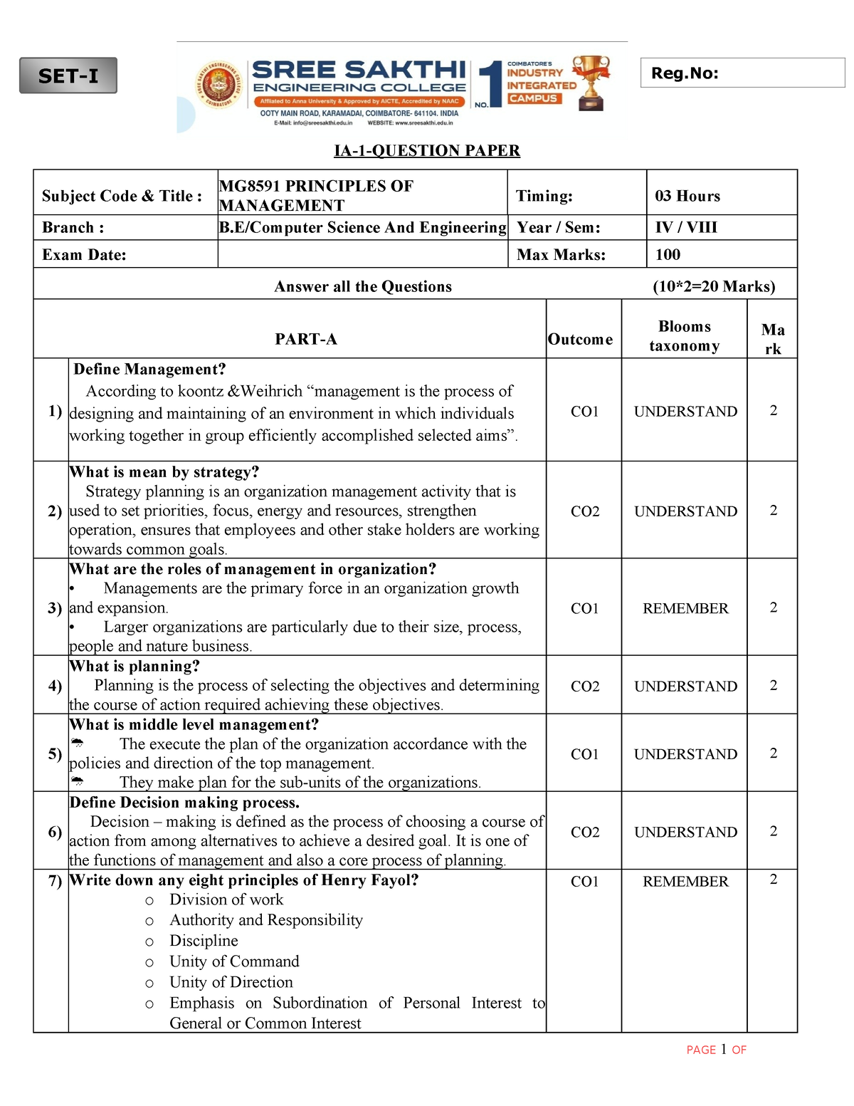 POM SET II Answer KEY - Summary Master of Computer Applications - IA-1 ...