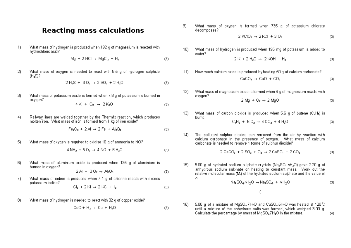 Reacting-masses-worksheet - Reacting mass calculations What mass of ...