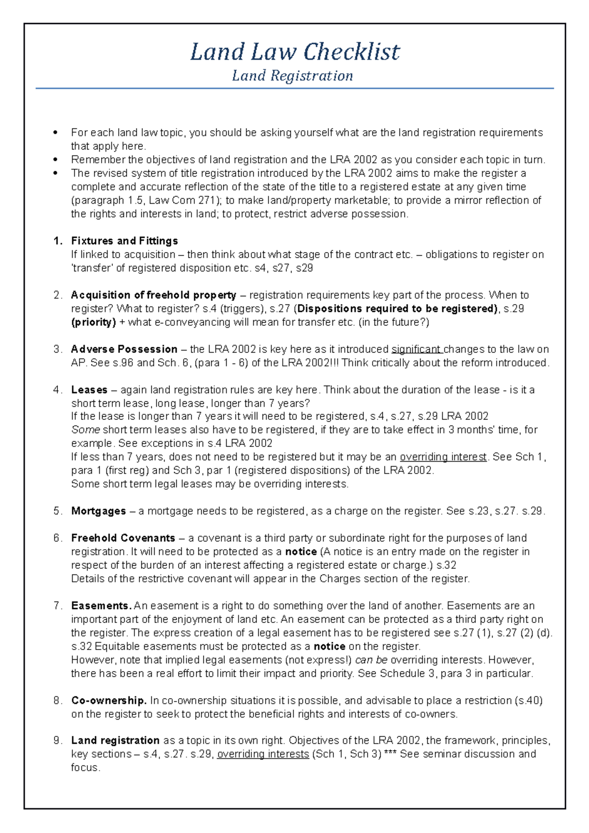 Land registration Checklist - Land Law Checklist Land Registration For ...