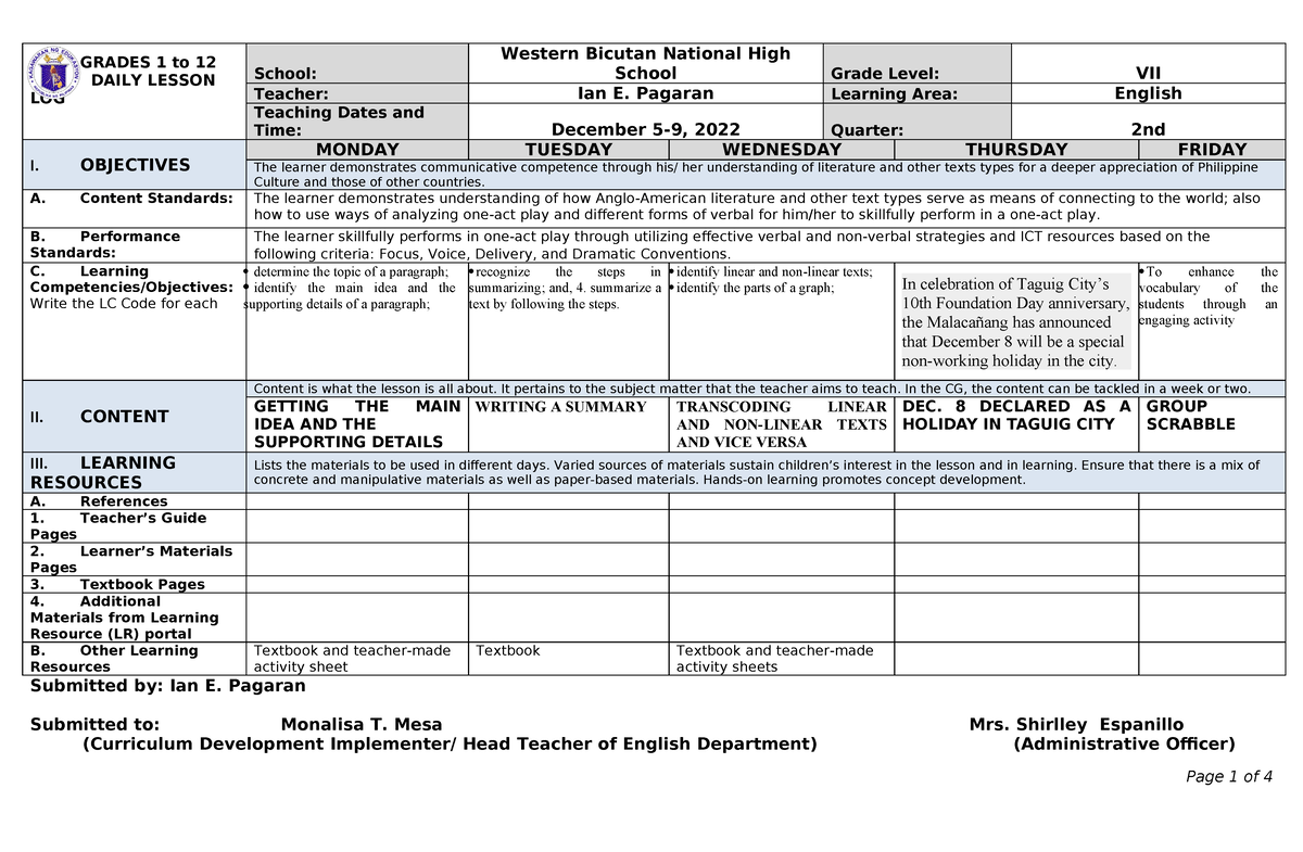 Dlldec 5-DEC92022-2023 - GRADES 1 to 12 DAILY LESSON LOG School ...