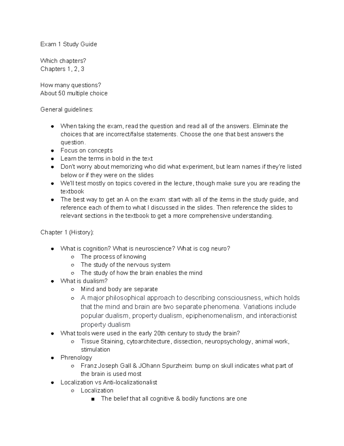 Exam 1 Study Guide - Exam 1 Study Guide Which Chapters? Chapters 1, 2 ...