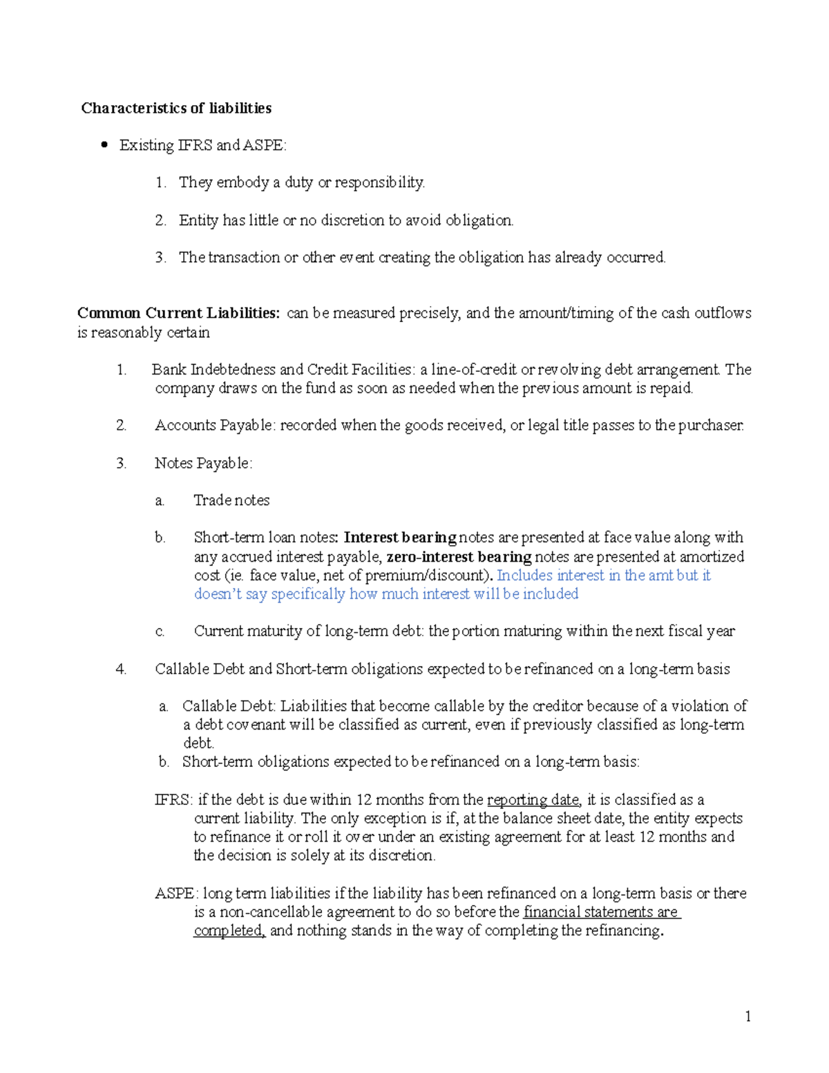 Ch 13 lecture notes - Characteristics of liabilities Existing IFRS and ...