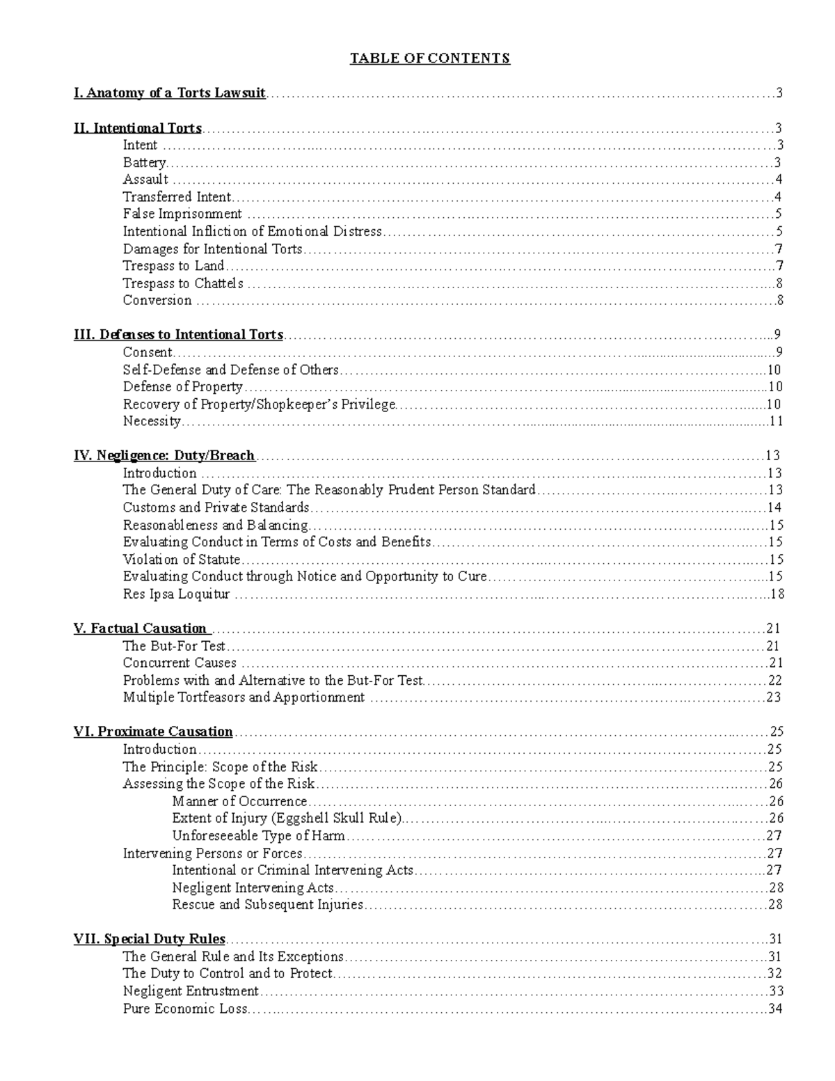 Torts Outline - TABLE OF CONTENTS I. Anatomy of a Torts - Studocu