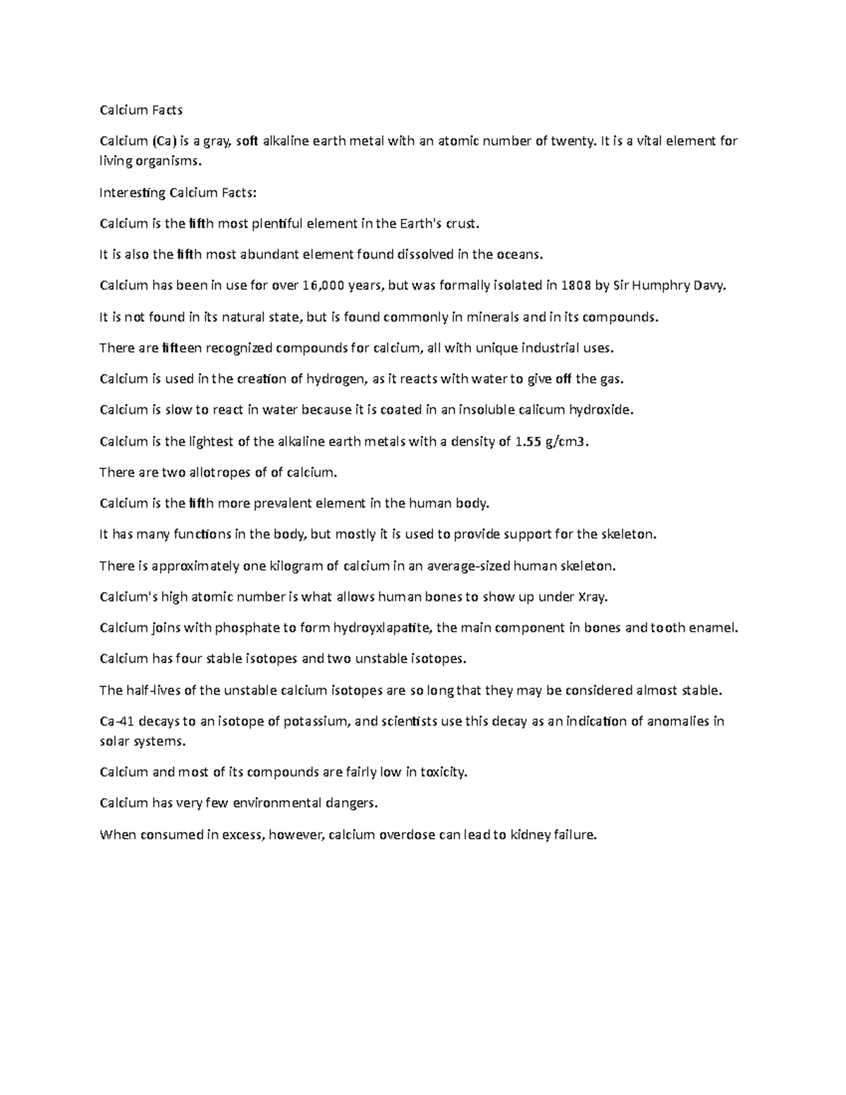 Calcium Facts - Lecture notes 8 - Calcium Facts Calcium (Ca) is a gray ...