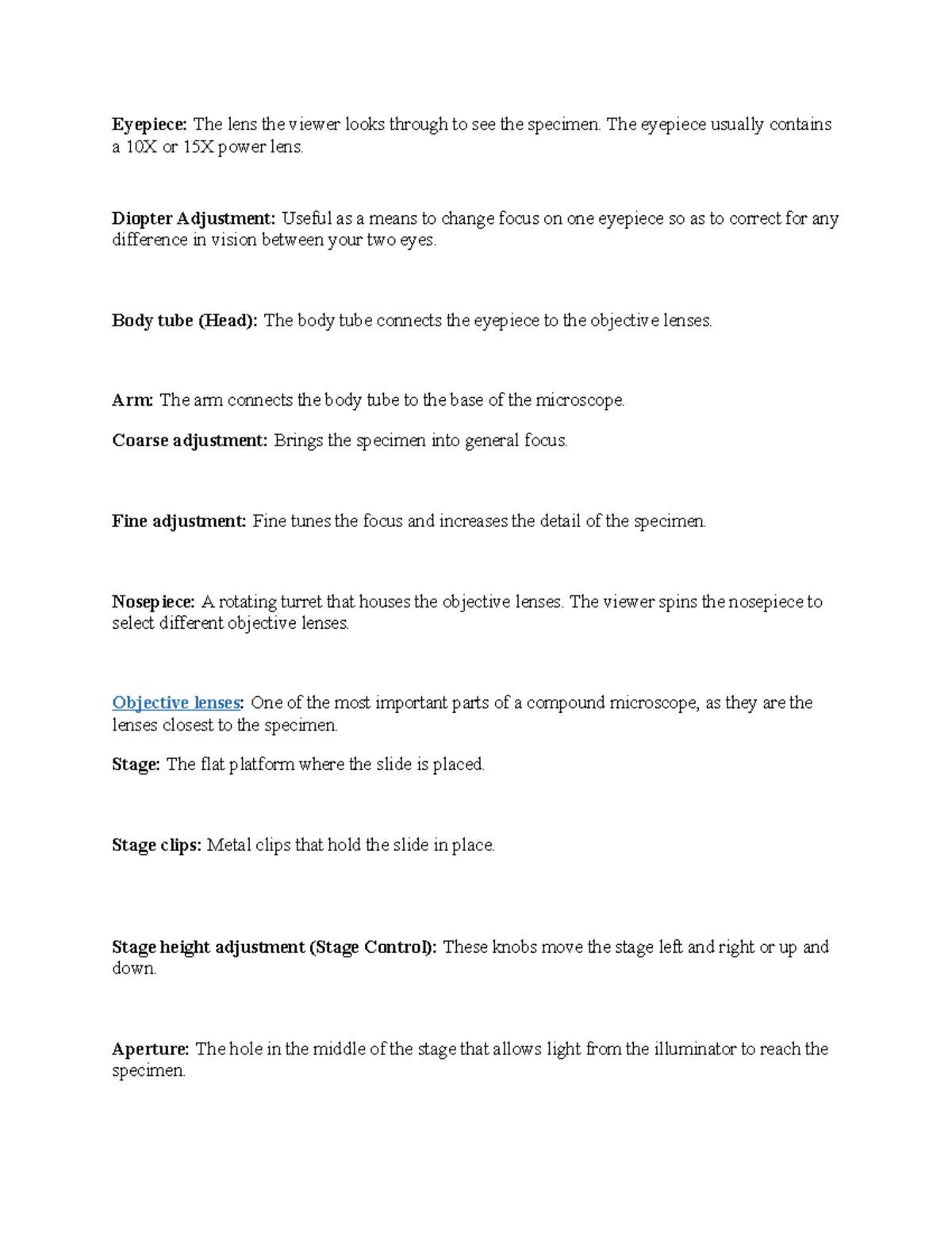 Eyepiece brief description of parts of microscope Eyepiece The