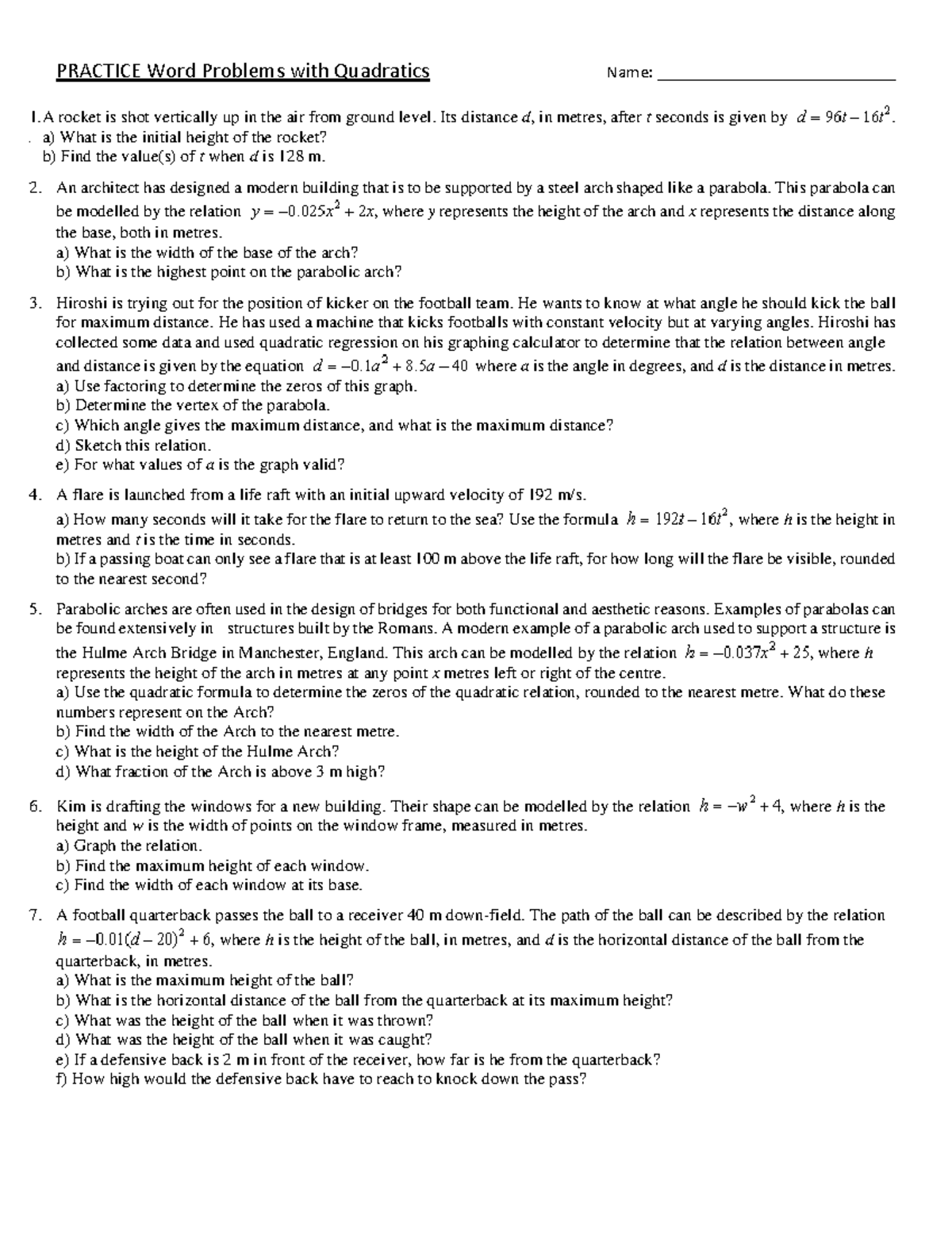 Practice Quad Word Prob With Eqtn PRACTICE Word Problems with