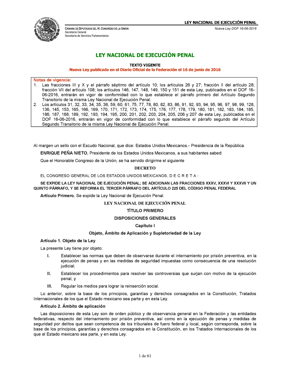 Ley Nacional De Ejecución Penal CÁmara De Diputados Del H Congreso