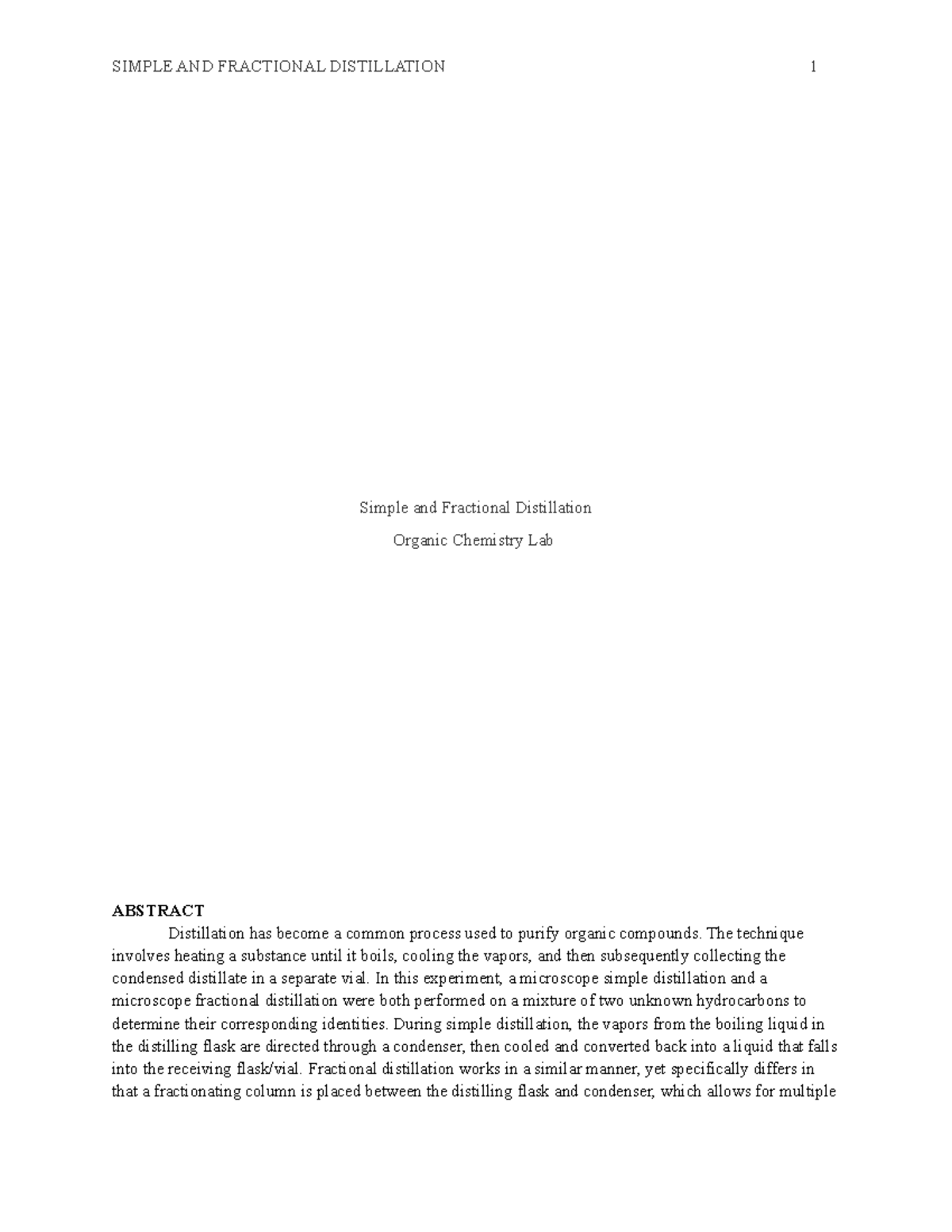 Distillation lab report Simple and Fractional Distillation Organic