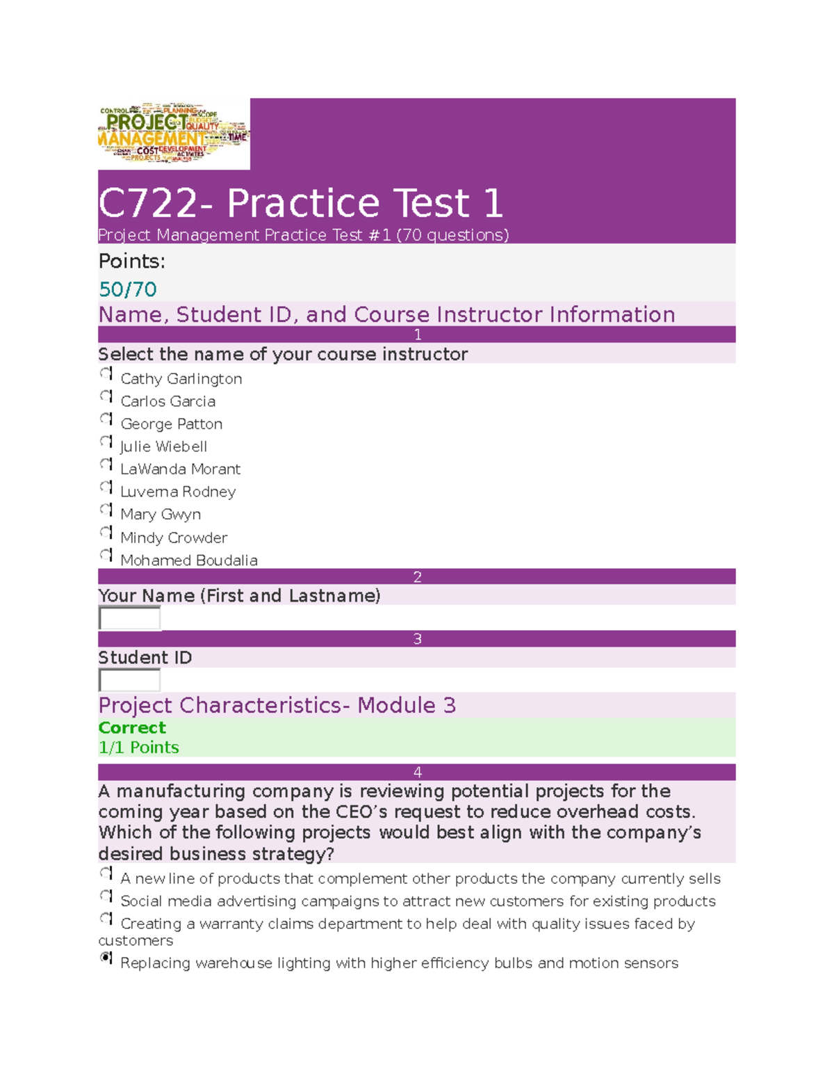 C722 TEST - Test - C722- Practice Test 1 Project Management Practice ...