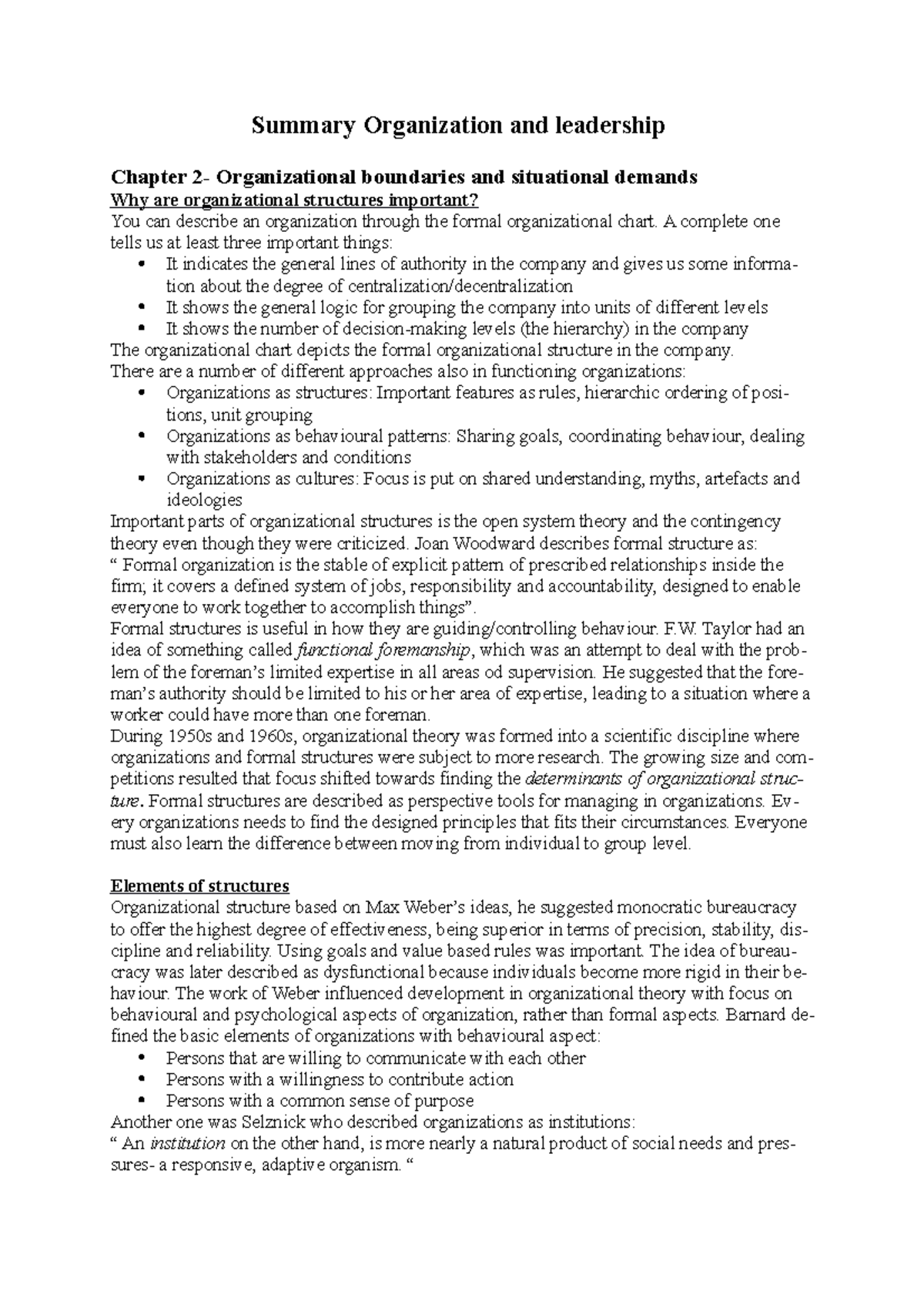Summary Organization and leadership - Summary Organization and ...