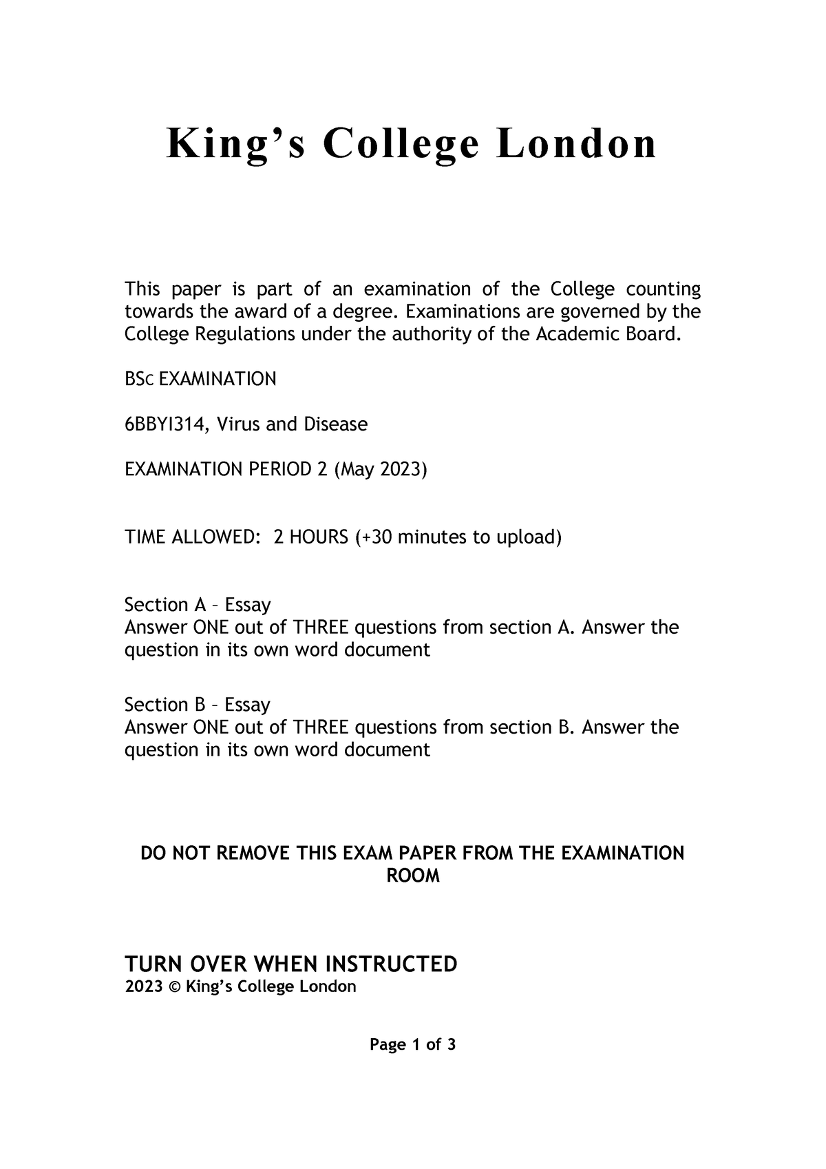 6BBYI314 P2 MAY Exam Paper - King’s College London This Paper Is Part ...