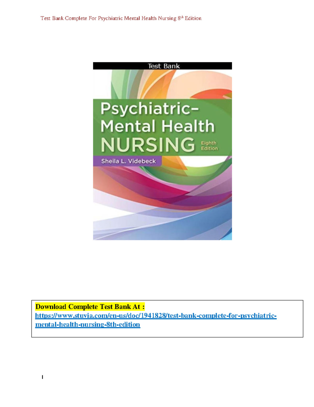 Test Bank Psychiatric-Mental Health Nursing 8th Edition - 1 Test Bank ...