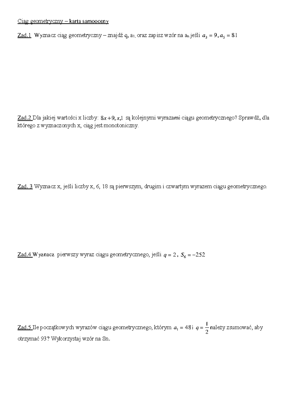 Ciag geometryczny karta samooceny - Ciąg geometryczny – karta samooceny