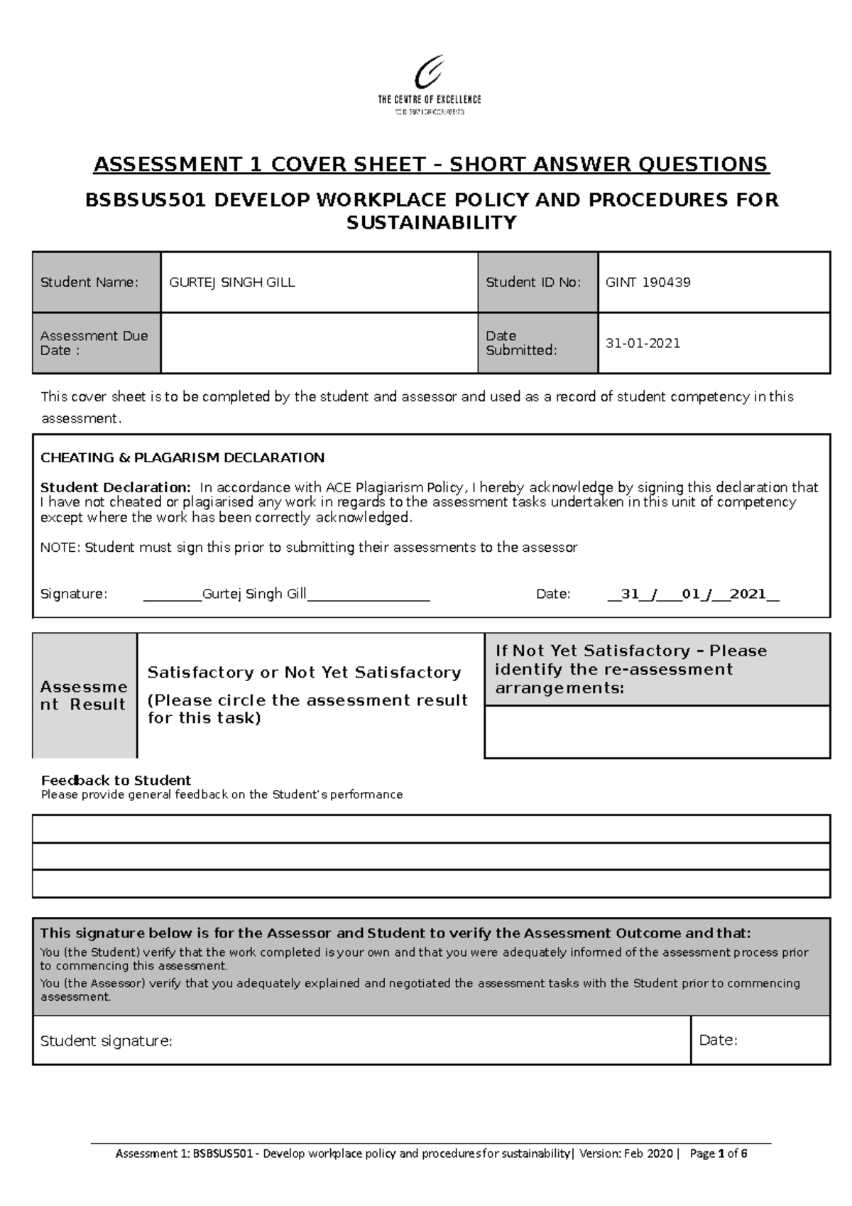 Assessment 1 Short Answer Questions - ASSESSMENT 1 COVER SHEET – SHORT ...