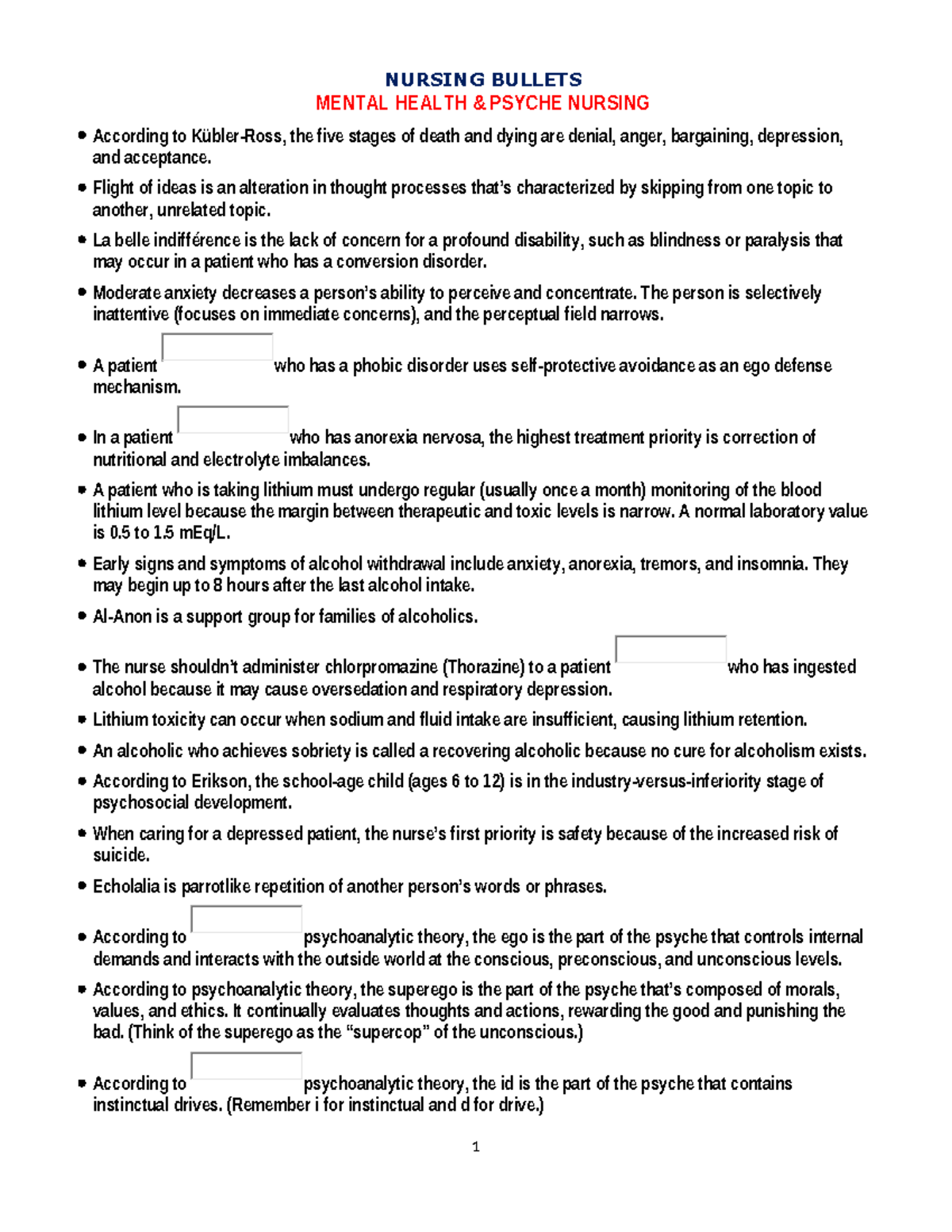 Nursing- Bullets - NURSING BULLETS MENTAL HEALTH & PSYCHE NURSING ...