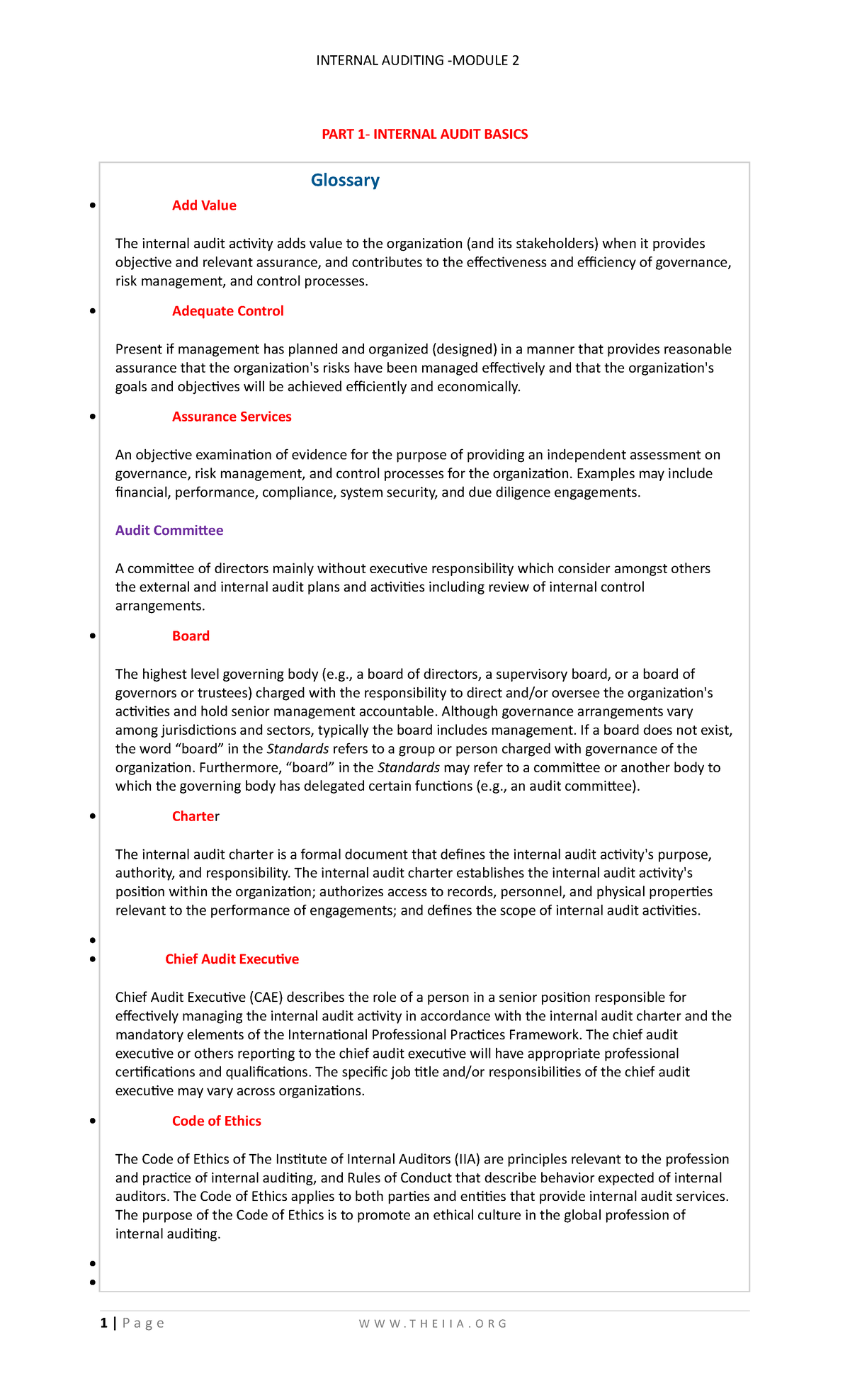 Glossary - PART 1- INTERNAL AUDIT BASICS Glossary Add Value The ...