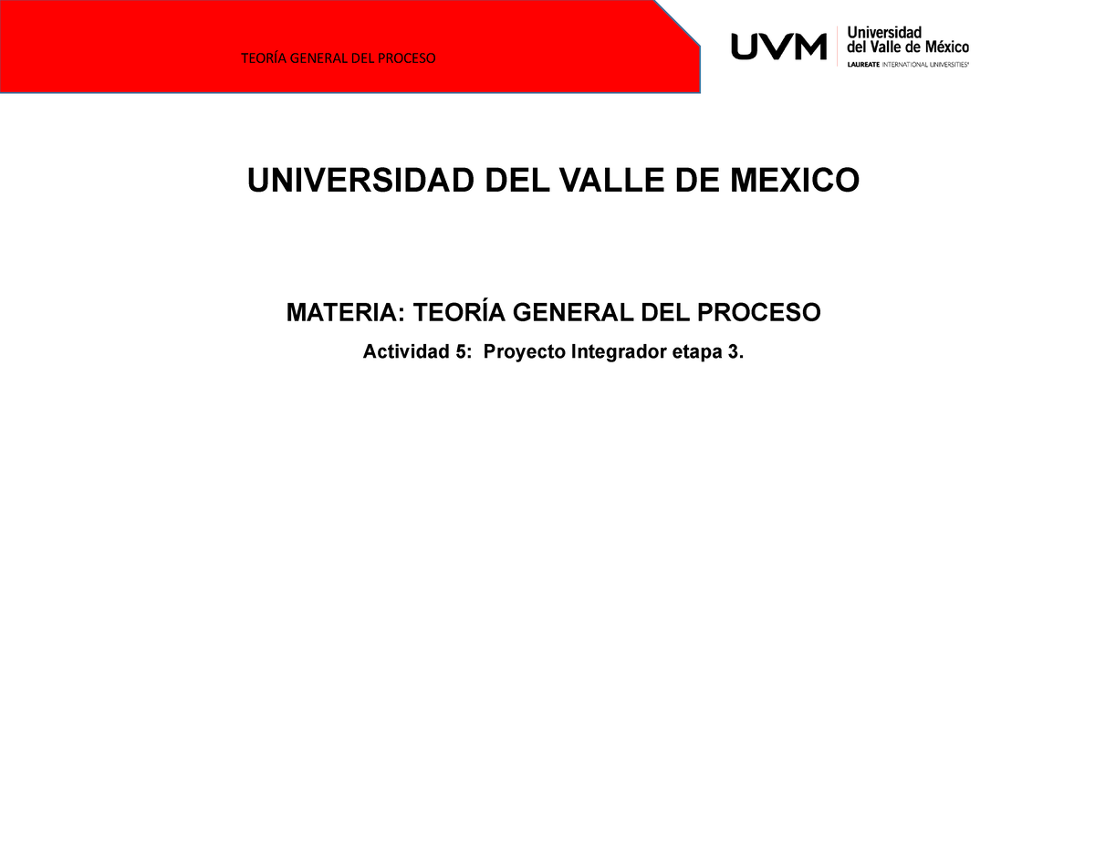 Actividad Proyecto integrador etapa UNIVERSIDAD DEL VALLE DE MEXICO MATERIA TEORÍA