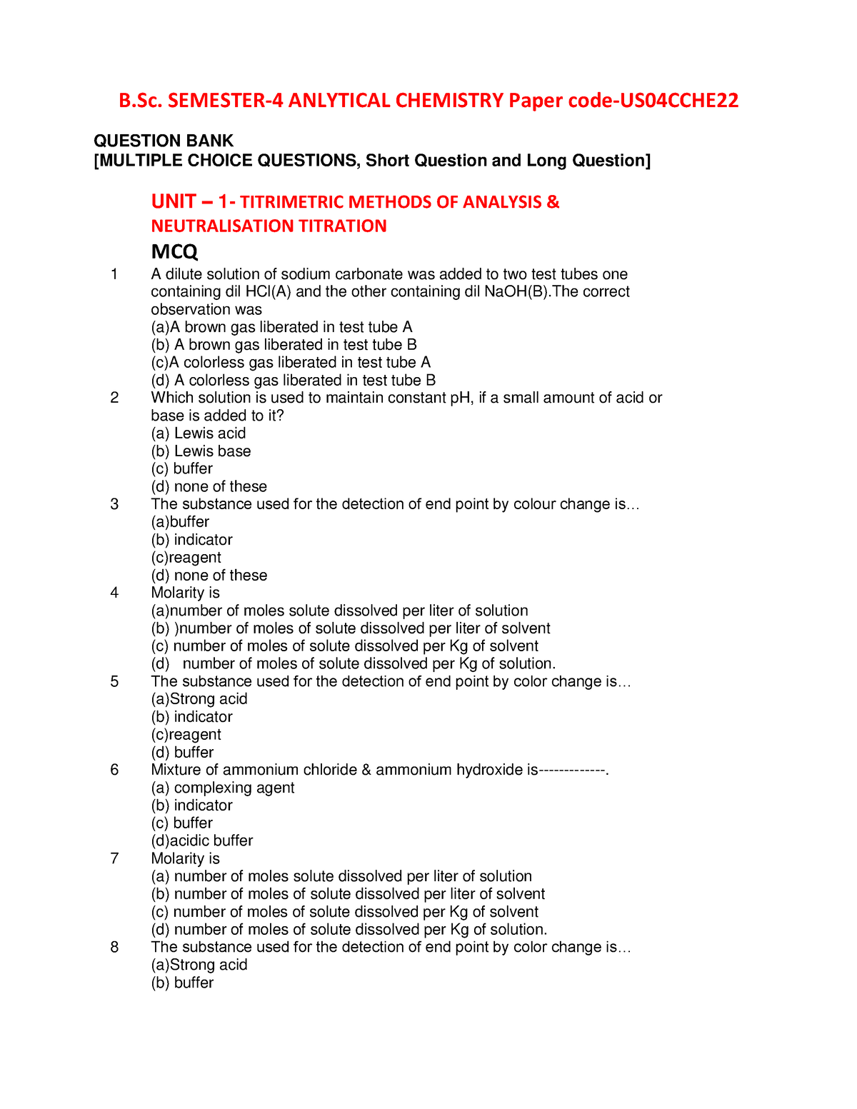 B.Sc. Sem-4-Question Bank Of US04CCHE22-MCQ,SQ AND LQ - B. SEMESTER-4 ...