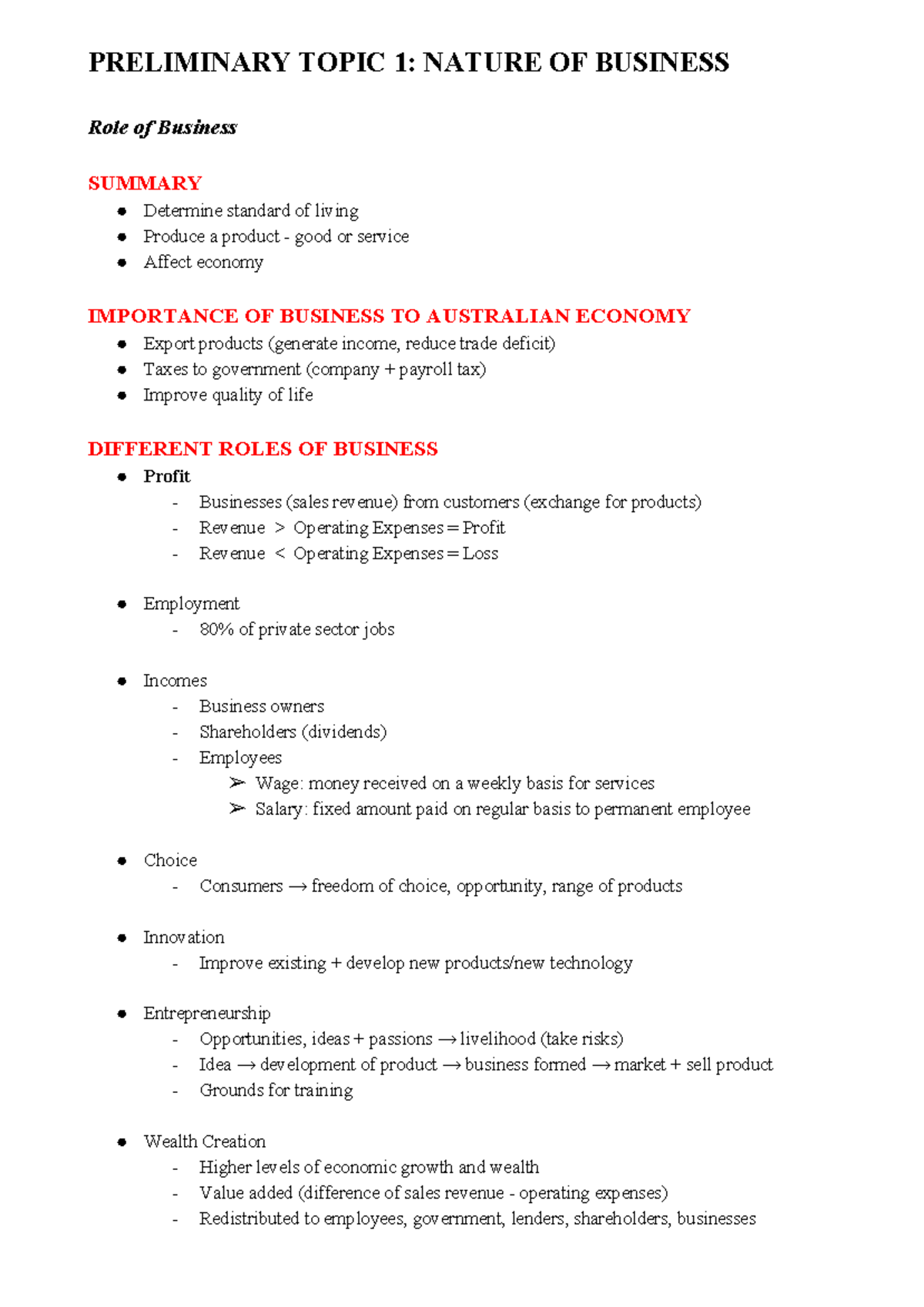 2019 BUS Topic 1 Notes - PRELIMINARY TOPIC 1: NATURE OF BUSINESS Role ...