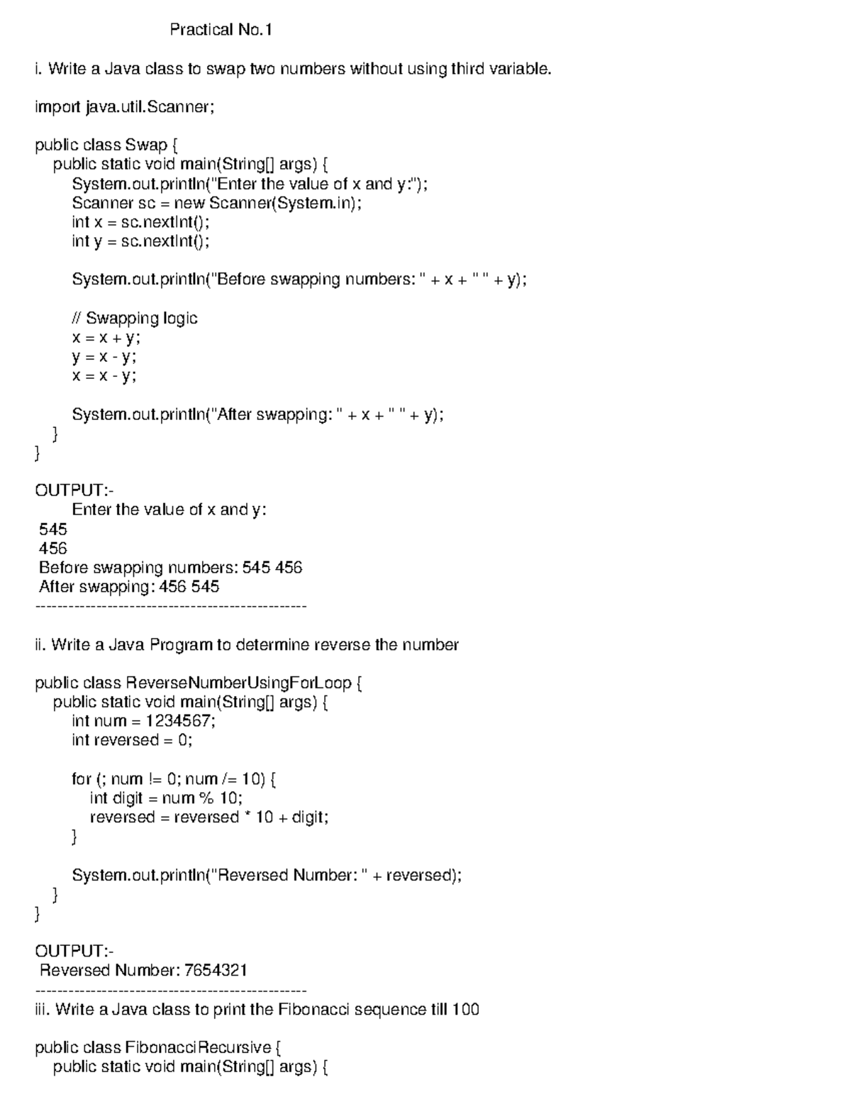 JAVA Journal - Practical No. i. Write a Java class to swap two numbers ...